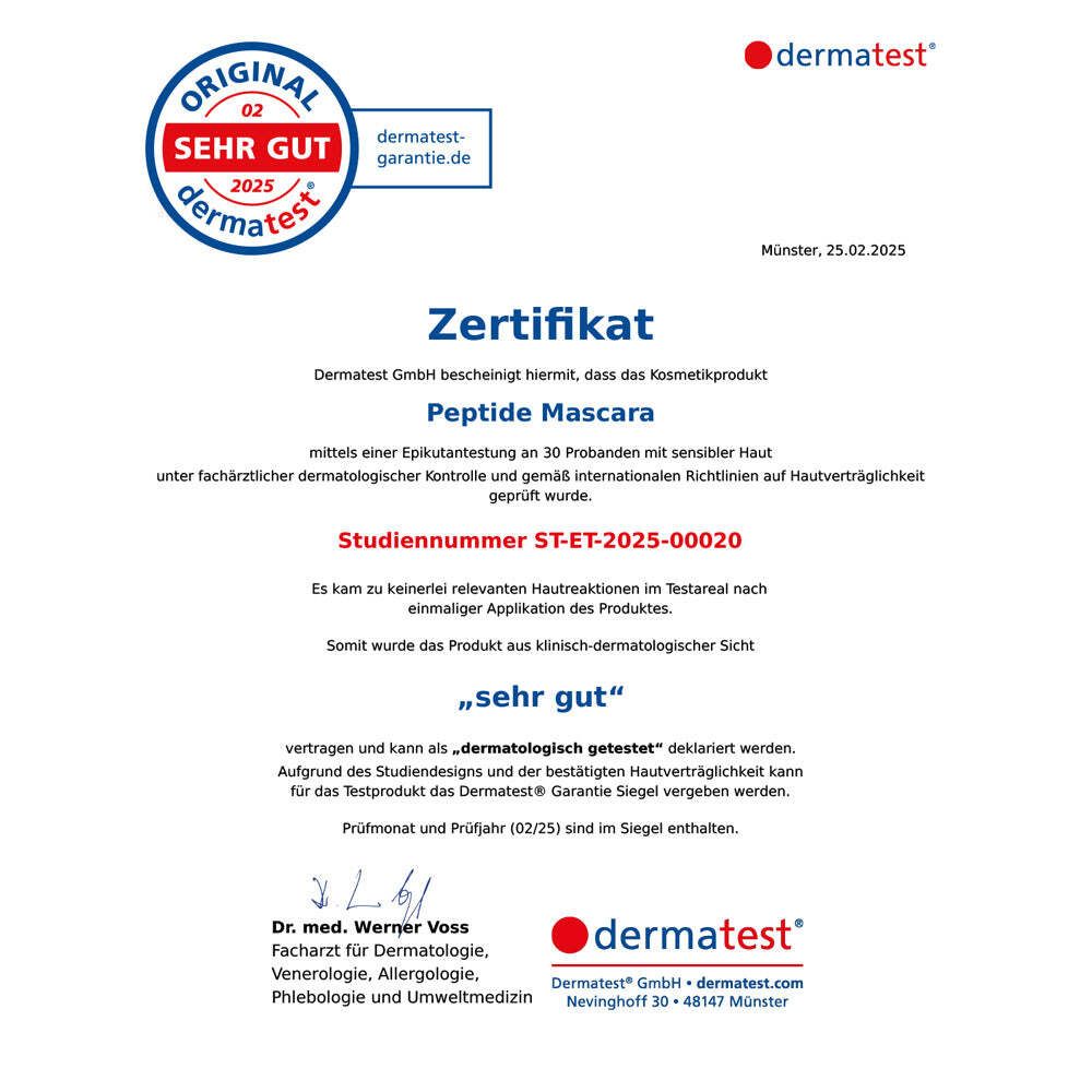 Zertifikat. Text: dermatest, Peptide Mascara, sehr gut.