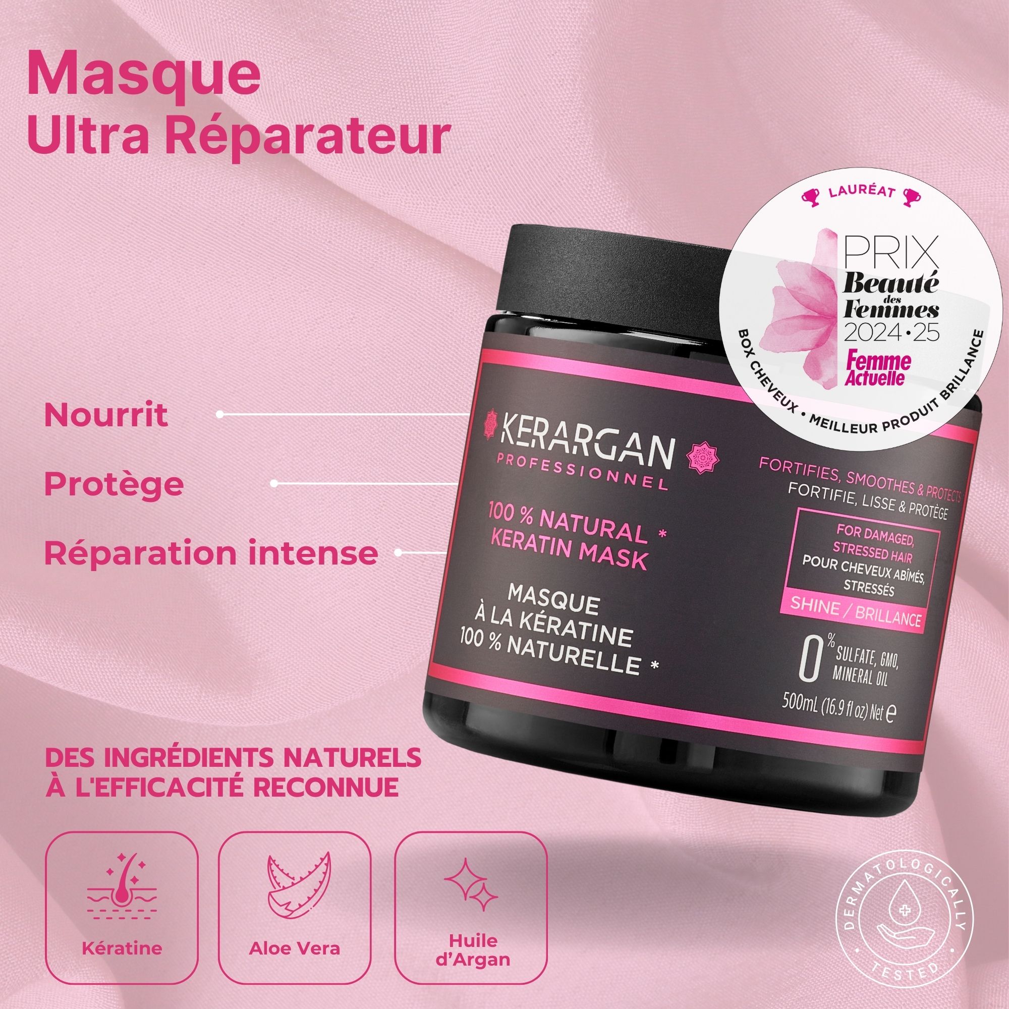 Masque Kerargan en pot noir avec étiquette rose. Contient 100% kératine naturelle. 500ml. Prix Women's Beauty.
