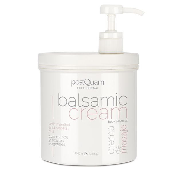 Weißer Behälter mit Pumpe. Aufschrift: postQuam, Balsam-Creme, crema de masaje. Enthält Menthol und Pflanzenöle.