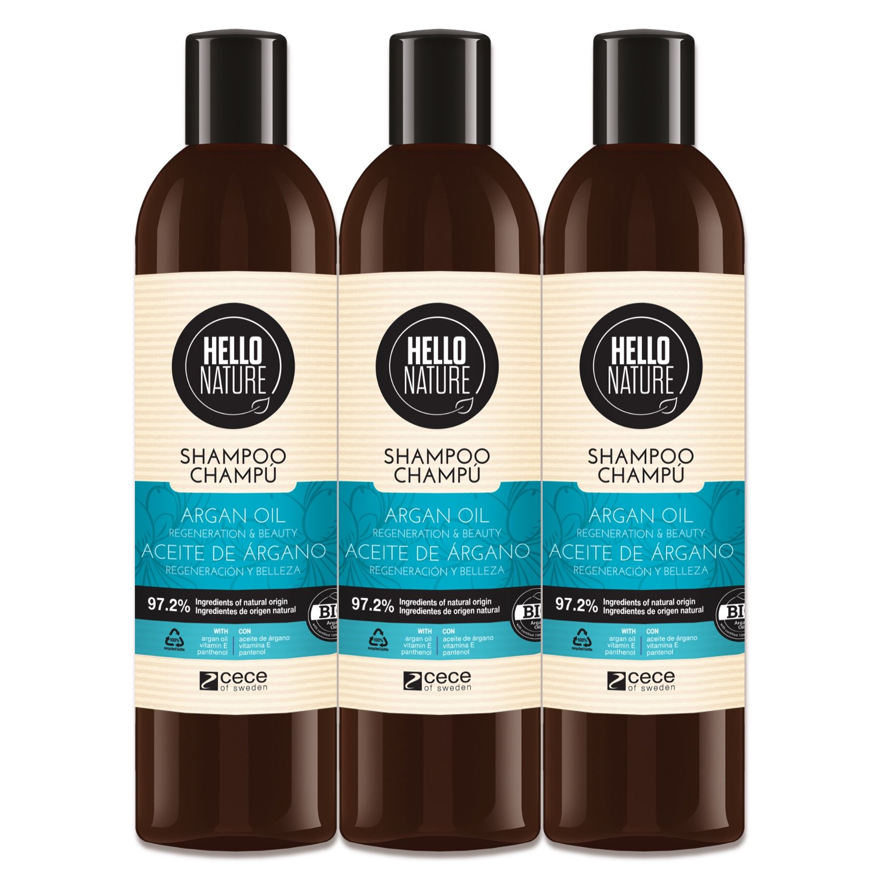 Hello Nature Haarshampoo für Haarpflege mit Arganöl 3x300 ml Shampoo