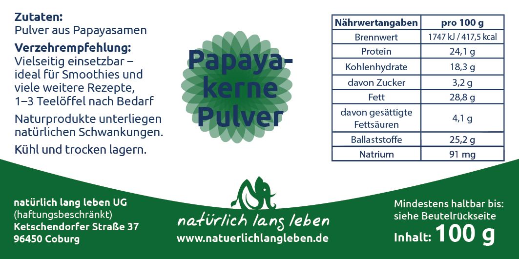 Verpackung mit Papayakern-Pulver. Aufdruck mit Nährwertangaben, Zutaten und Herstellerinformationen. Inhalt: 100 g.