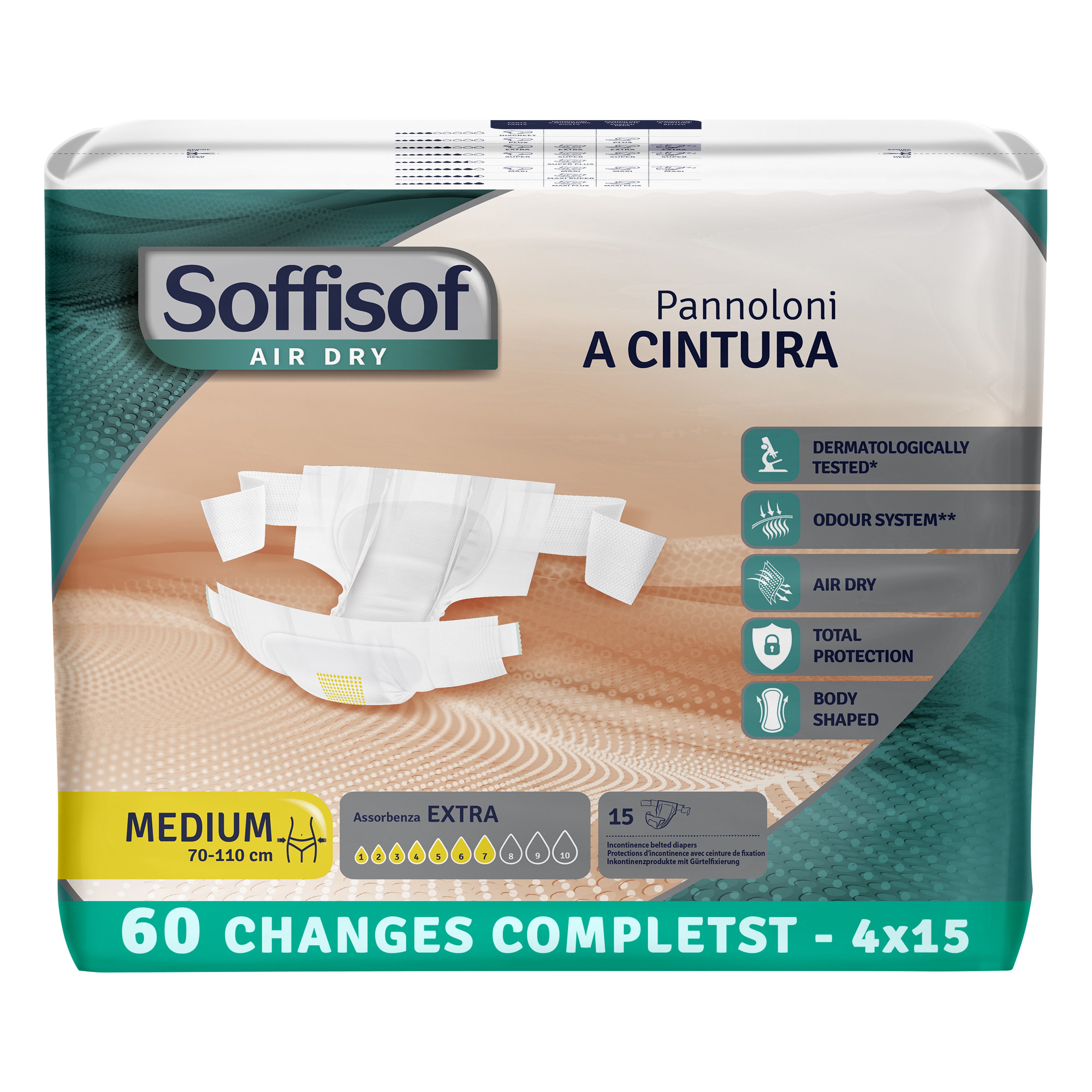 Paquet de Soffisof. Protection contre l'incontinence avec ceinture. Medium, 70-110 cm. 60 pièces. Caractéristiques.