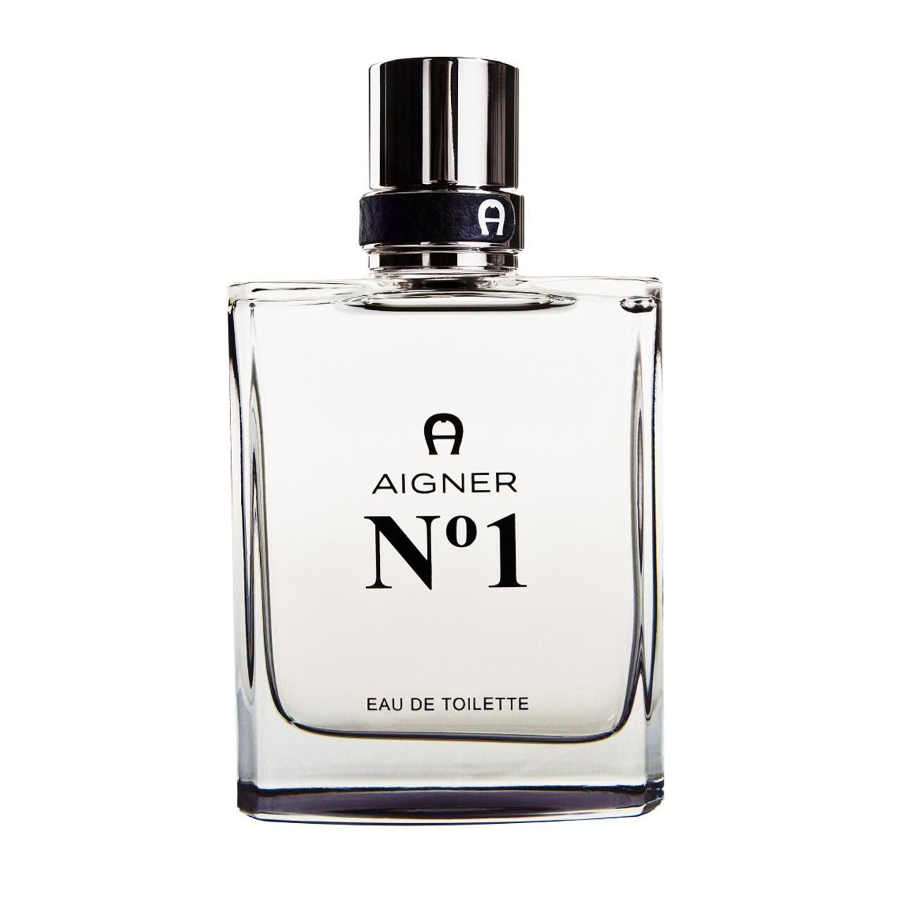 Quadratischer Glasflakon mit schwarzem Deckel. Aufschrift: AIGNER N°1, Eau de Toilette. Logo und Schrift in Schwarz.