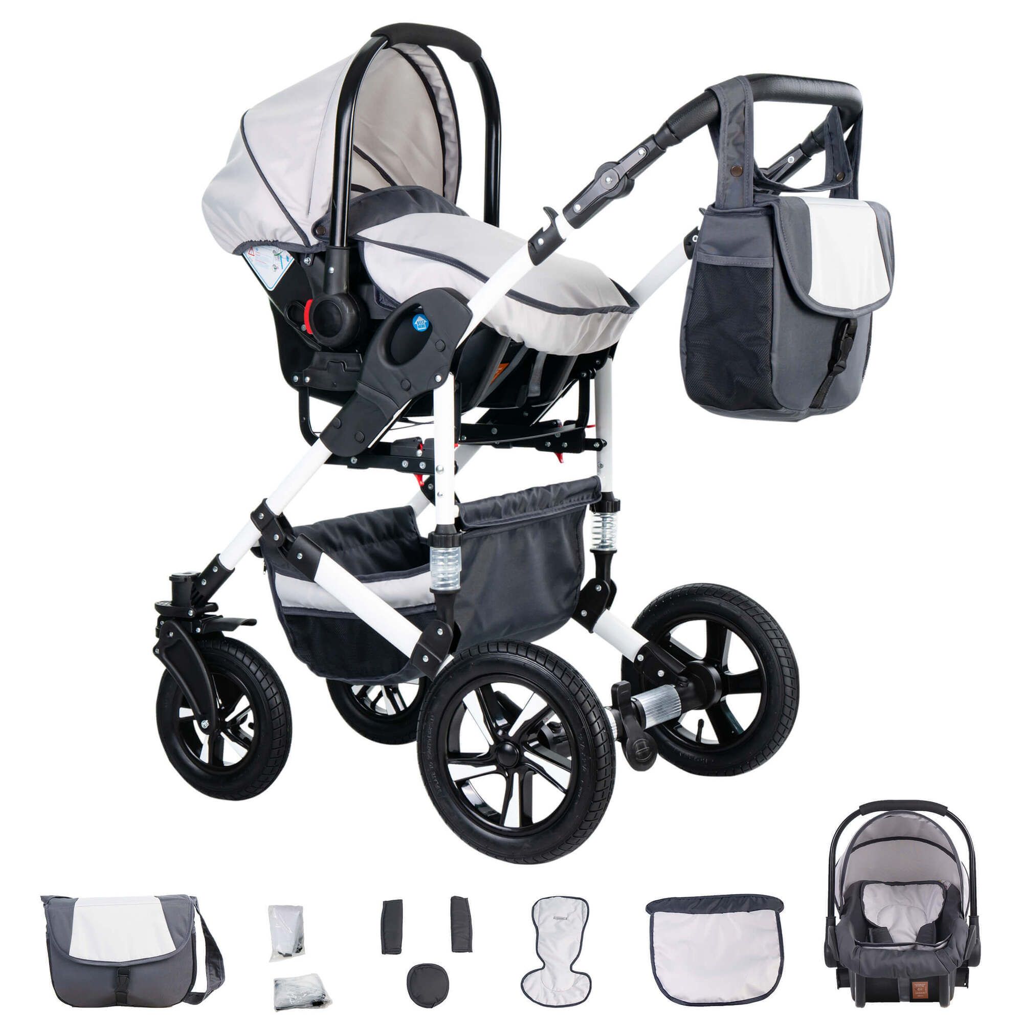 Friedrich Hugo Hamburg 4 in 1 Kinderwagen Komplettset ISOFIX Basis Luftreifen, White & Grey