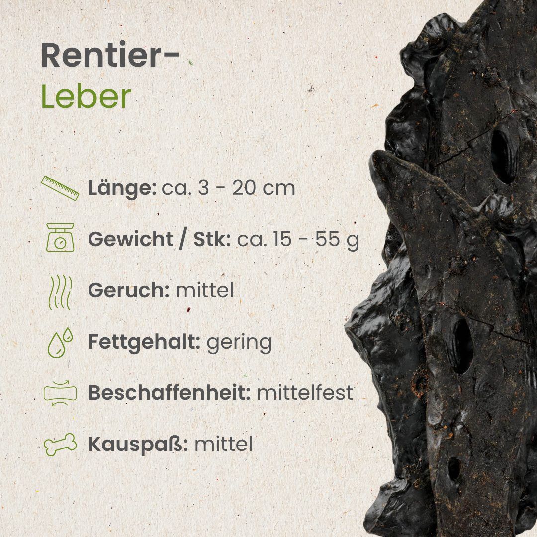 Getrocknete Rentierleber, Länge 3-20 cm, Gewicht 15-55g. Mittelgeruch, geringer Fettgehalt, mittelfeste Beschaffenheit.