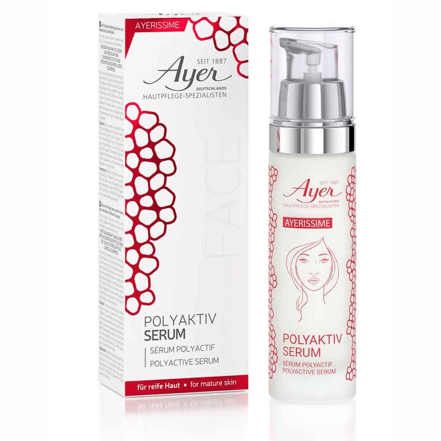 Ayerissime Serum-Flasche und Verpackung. Weißes Serum mit Pumpe, rote Akzente. Schriftzug: Polyaktiv Serum. Für reife Haut.