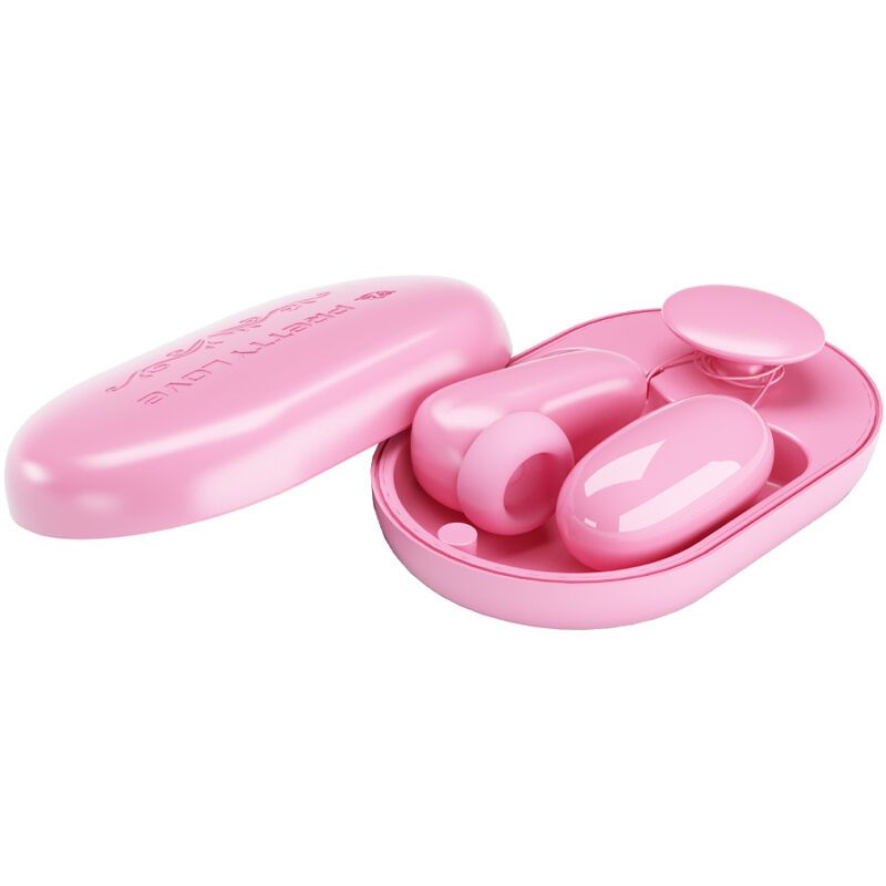 Rosa Set mit drei Teilen in einer ovalen Box. Enthält einen Klopfstimulator und einen Vibrationsball.