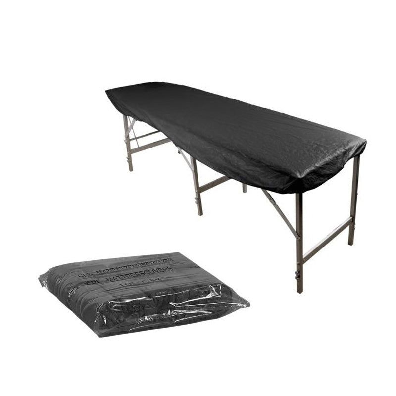 Schwarze Matratzenauflage auf einem Behandlungstisch. Darunter verpackte Auflage. Produktname auf der Verpackung.
