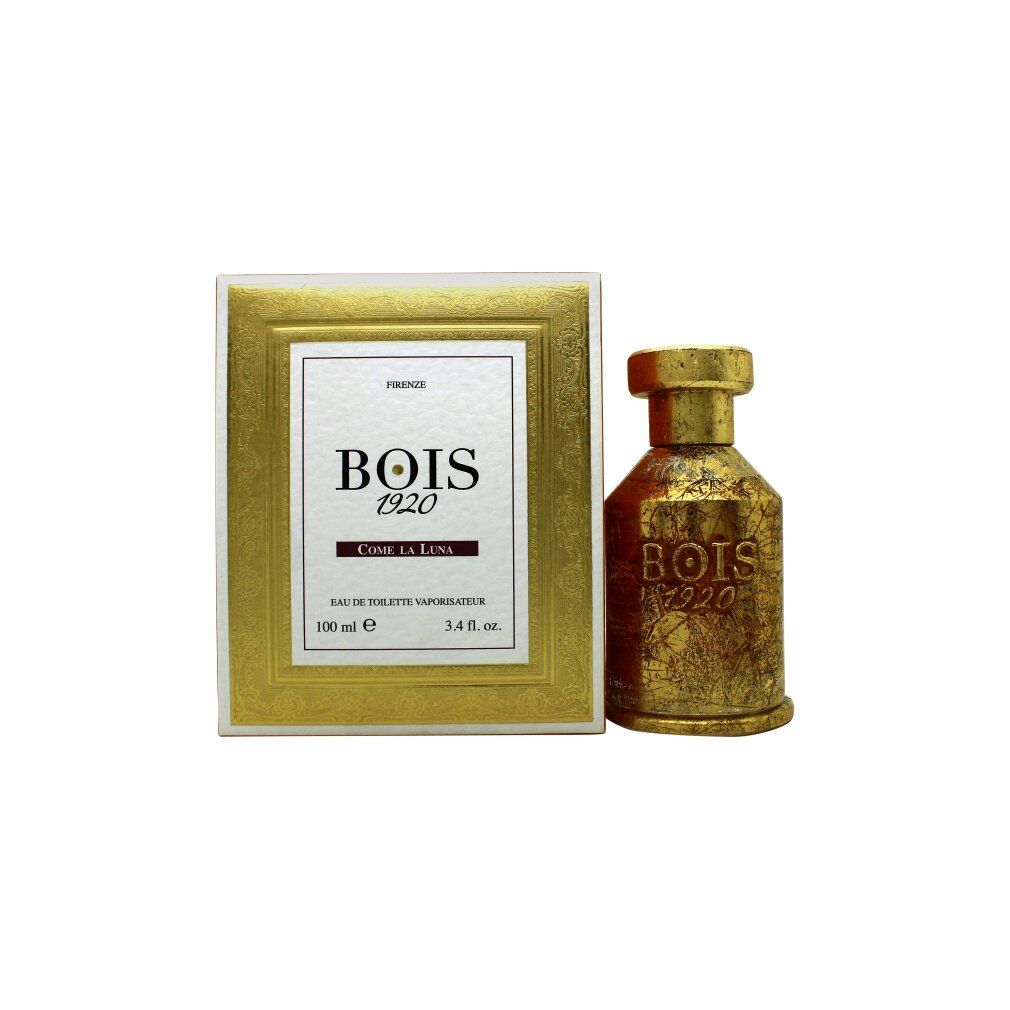 Parfümflakon und -verpackung. Goldfarbenes Flakon mit Schriftzug BOIS 1920. Karton mit Schriftzug BOIS 1920 Come la Luna Eau de Toilette.