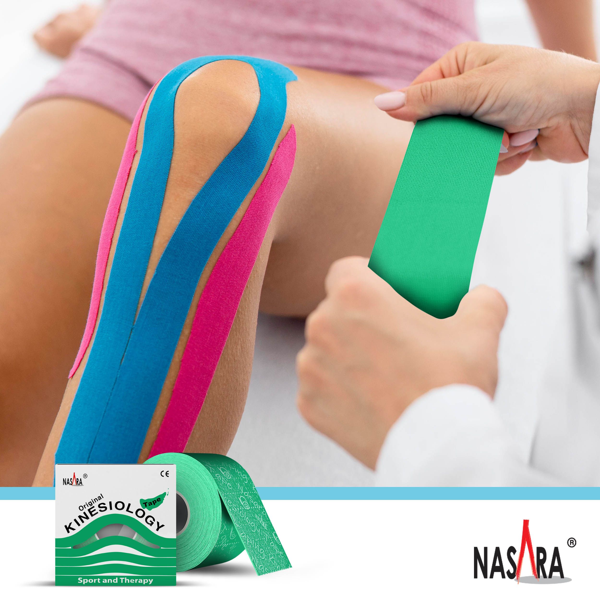 Kinesiologie-Tape-Anwendung am Knie. Grünes Tape, blaues und pinkfarbenes Tape. Box mit NASARA Tape.