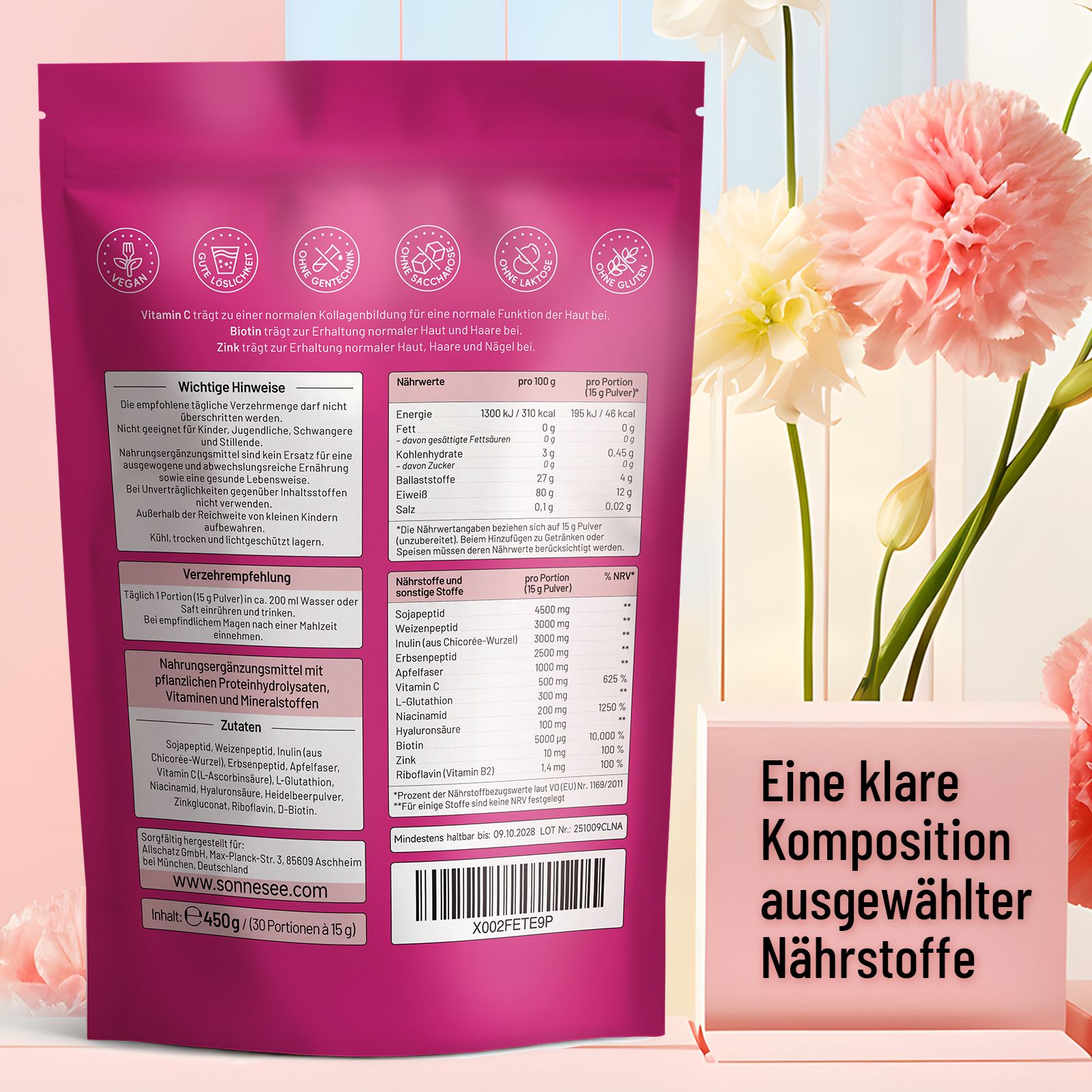 Pinke Pouch mit Nährwertangaben und Zutatenliste. Enthält 450g. Website: sonnese.com.