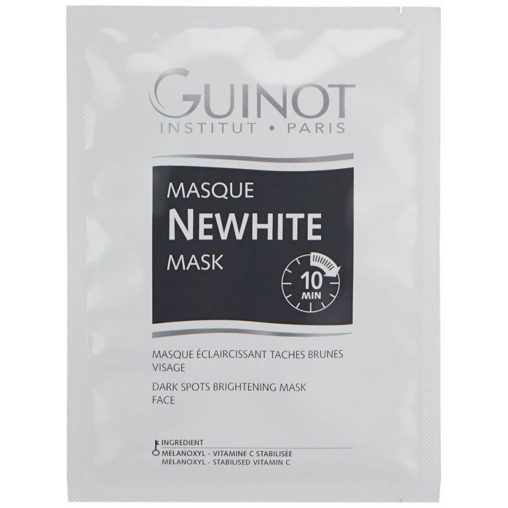 Guinot Newhite Mask Einzelpackung. Aufschrift: Newhite, Masque, 10 Min. Marke: Guinot. Beschreibung: Masque Éclaircissant Taches Brunes, Face.