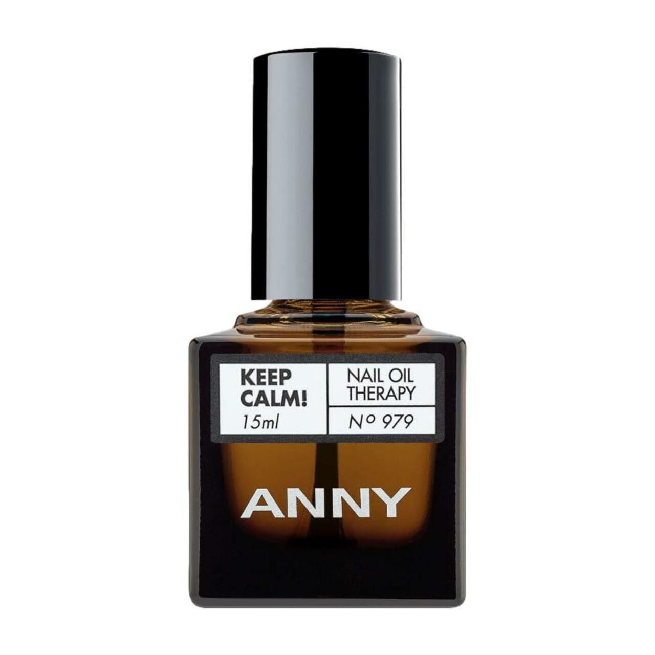 Braune Flasche mit schwarzem Deckel. Aufschrift: Keep Calm! Nail Oil Therapy, Anny. 15ml.