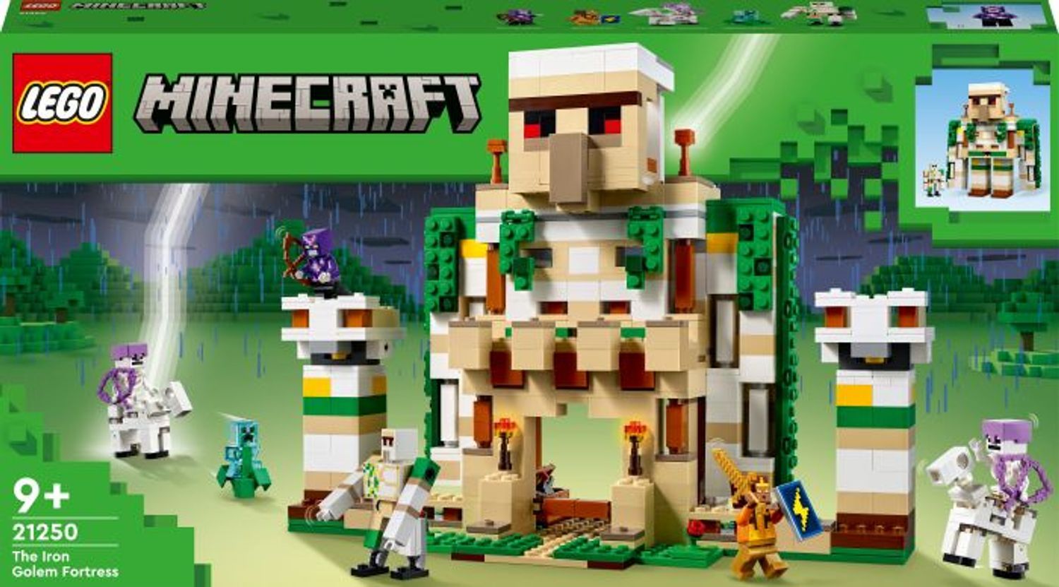 LEGO Minecraft Set. Verpackung mit Golem-Festung, Figuren und Logo. Altersempfehlung 9+. Grün-weißes Design.