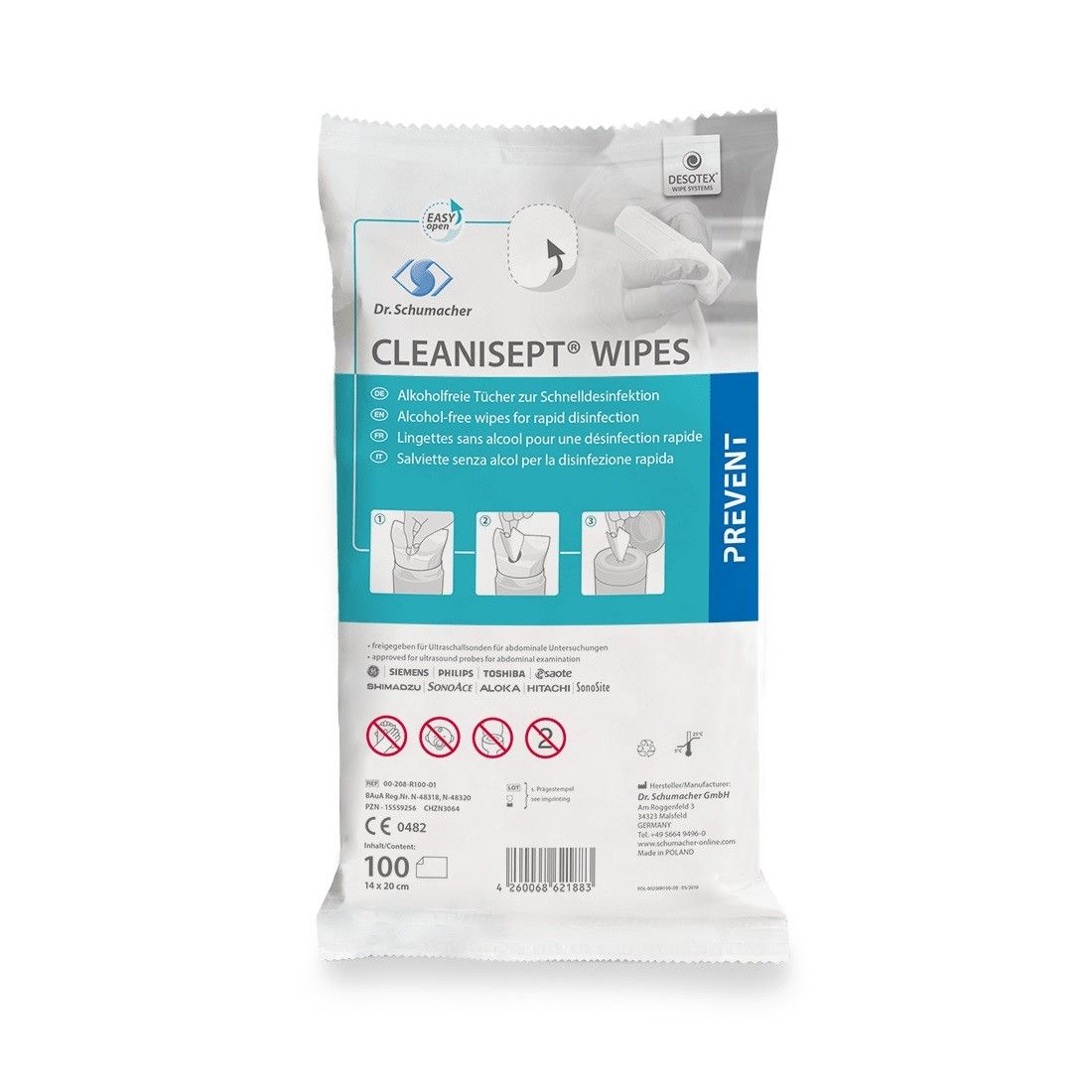 Verpackung mit Cleanisept Wipes. Weiße Folienverpackung mit blauer und grüner Beschriftung. Enthält 100 Tücher.