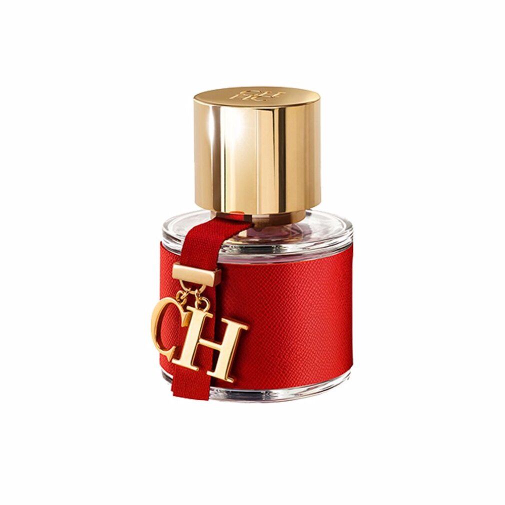 Runde Parfümflasche mit rotem Lederband und goldenem Verschluss. Goldener CH-Anhänger am Band.
