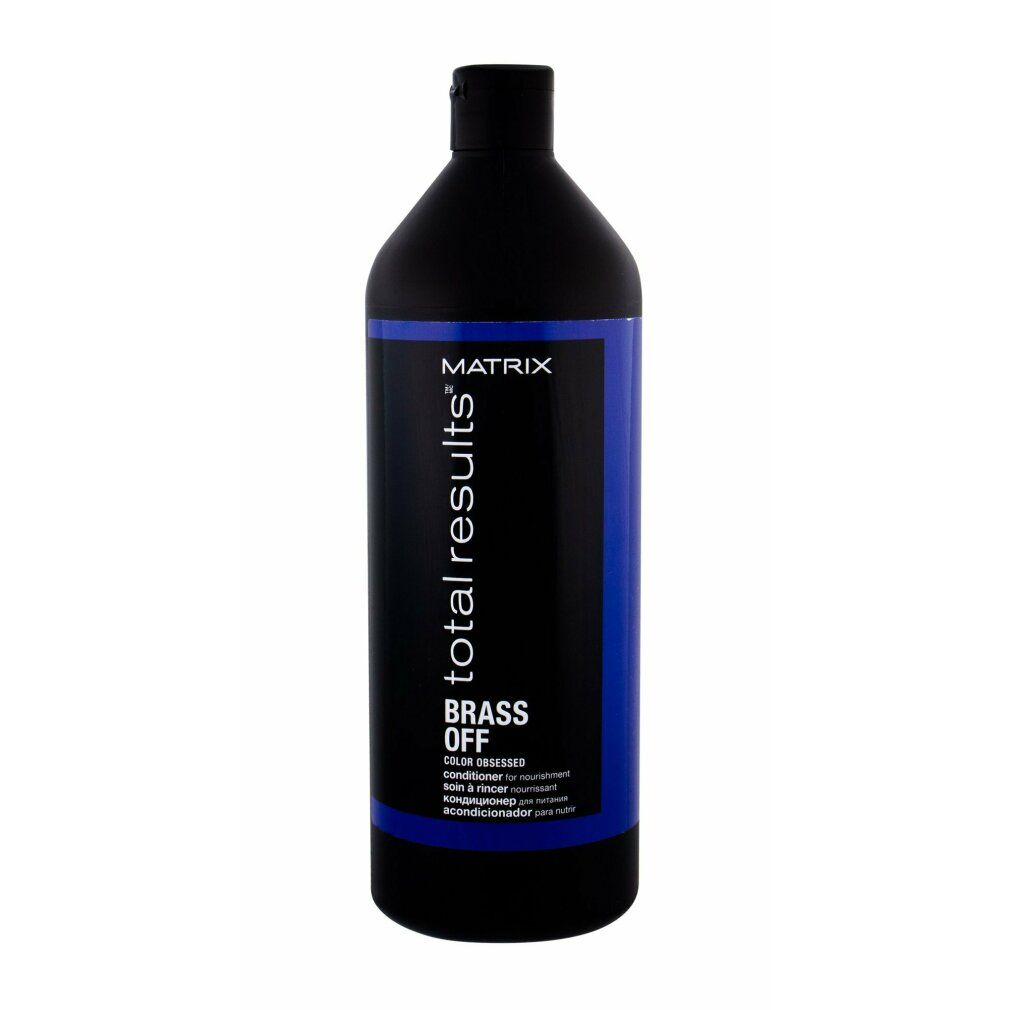 Schwarze Flasche mit blauem Etikett. Aufschrift: Matrix Total Results Brass Off Conditioner.