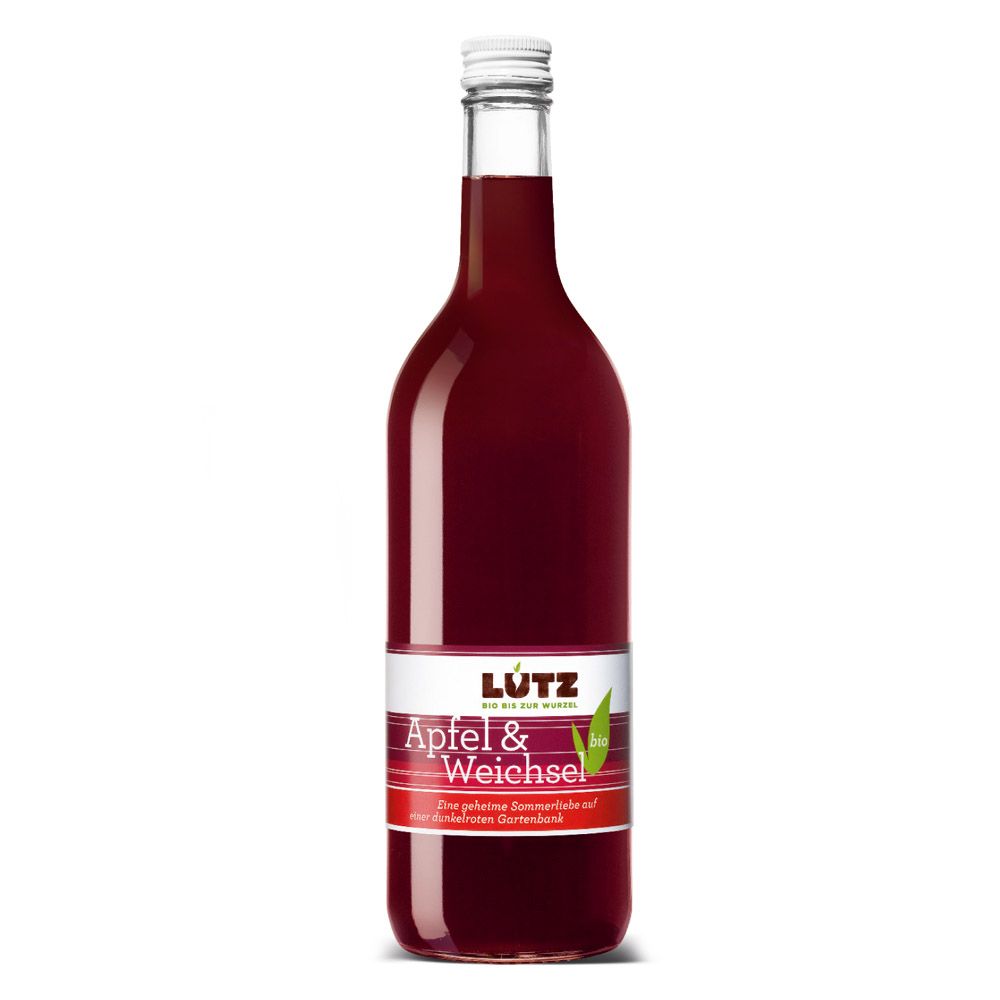 Glasflasche mit rotem Saft. Etikett mit "LÜTZ", "Apfel & Weichsel" und grünem Blatt. Weißer Deckel.