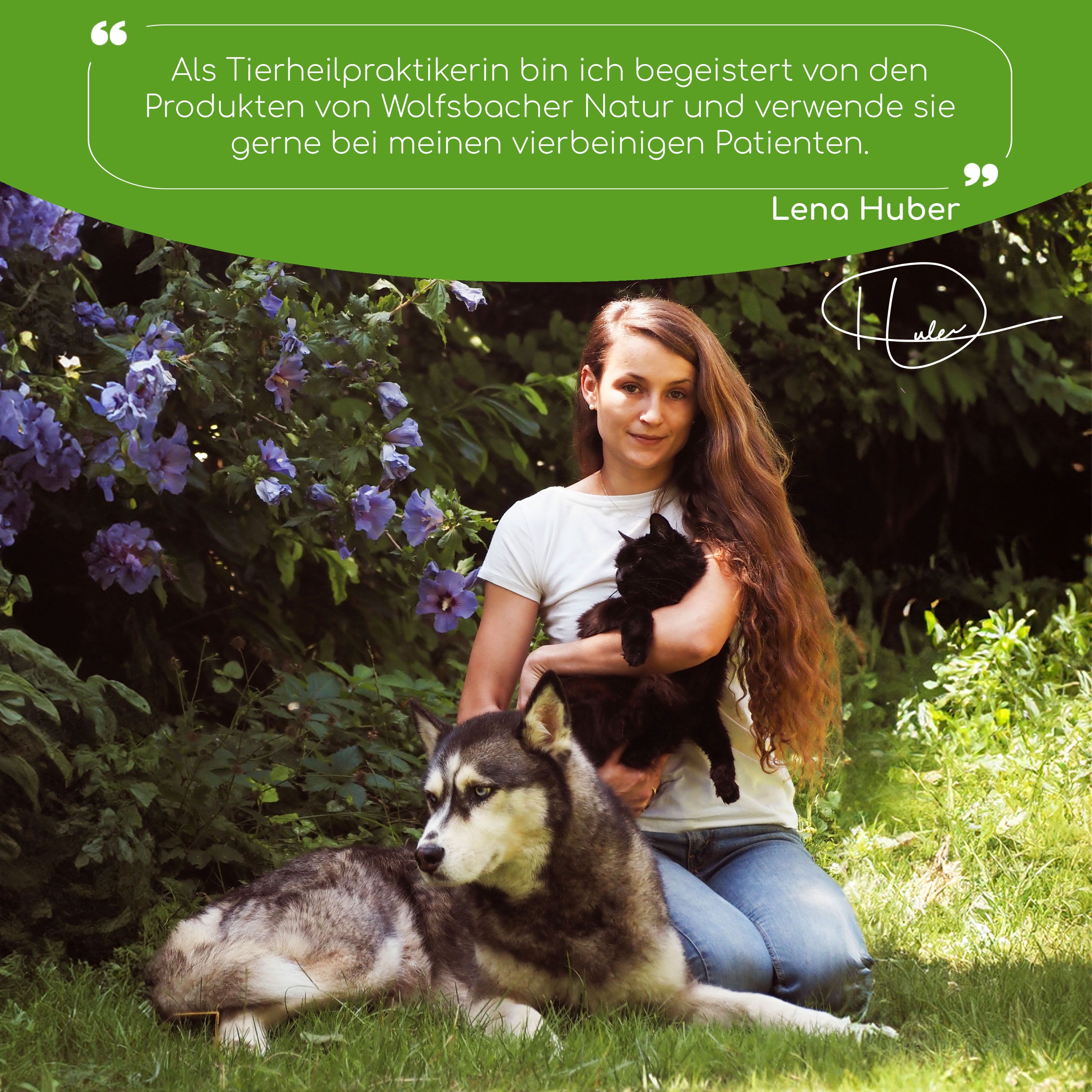 Eine Frau hält einen Hund und eine Katze. Zitat: "Produkten von Wolfsbacher Natur".