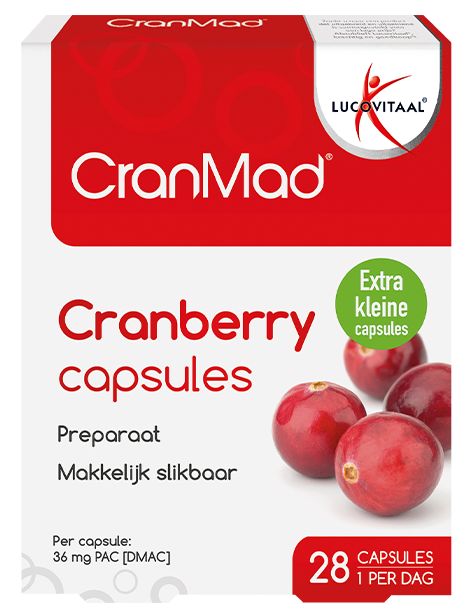 Rote Verpackung mit "CranMad" und "Cranberry capsules". Enthält 28 Kapseln. "Extra kleine capsules" Aufkleber. Marke: Lucovitaal.