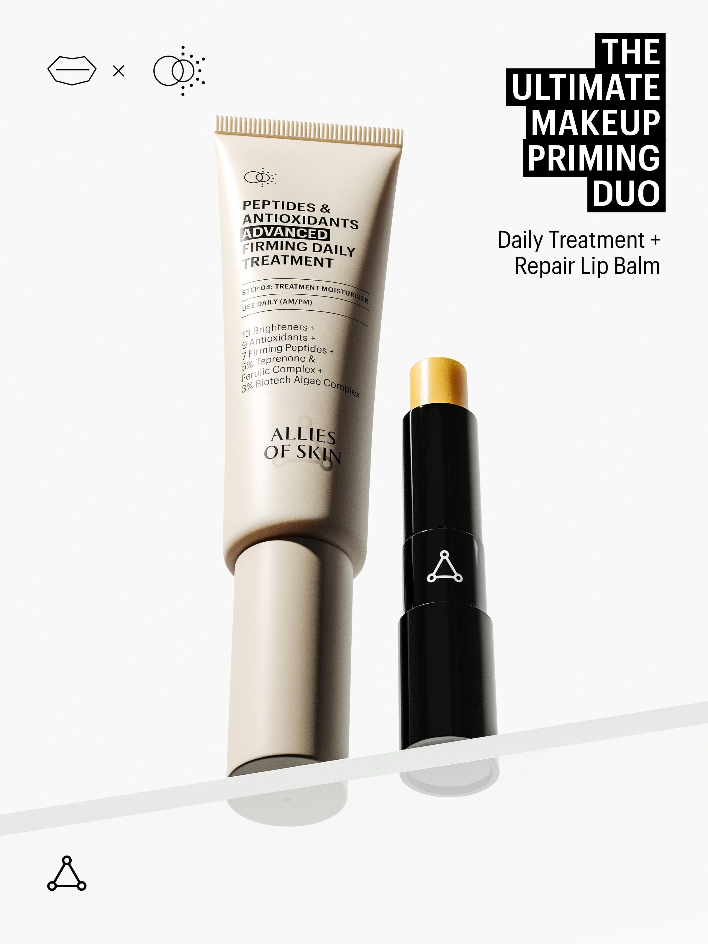 Zwei Produkte: Tube mit "ALLIES OF SKIN" und Lippenbalsam-Stick. Text: "THE ULTIMATE MAKEUP PRIMING DUO".