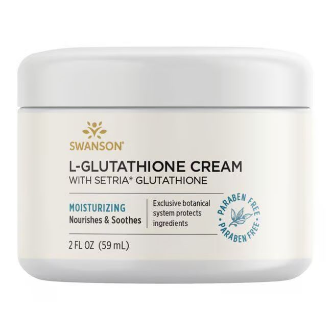 Creme-Behälter mit Deckel. Aufschrift: SWANSON L-Glutathion Creme mit Setria Glutathion. Paraben-frei.