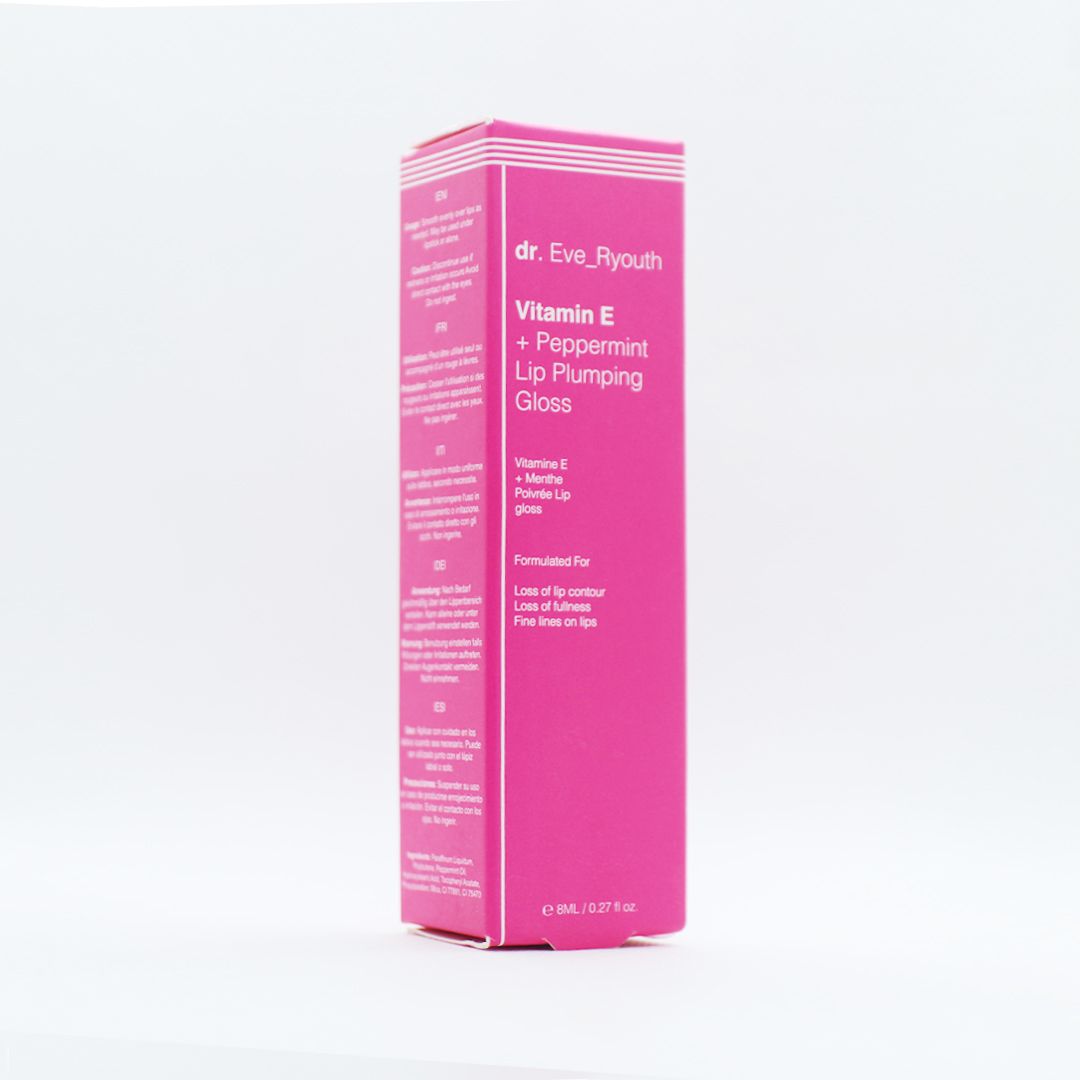 Rosa Verpackung mit Aufschrift: Dr. Eve_Ryouth, Vitamin E + Pfefferminz Lip Plumping Gloss. Text in mehreren Sprachen.