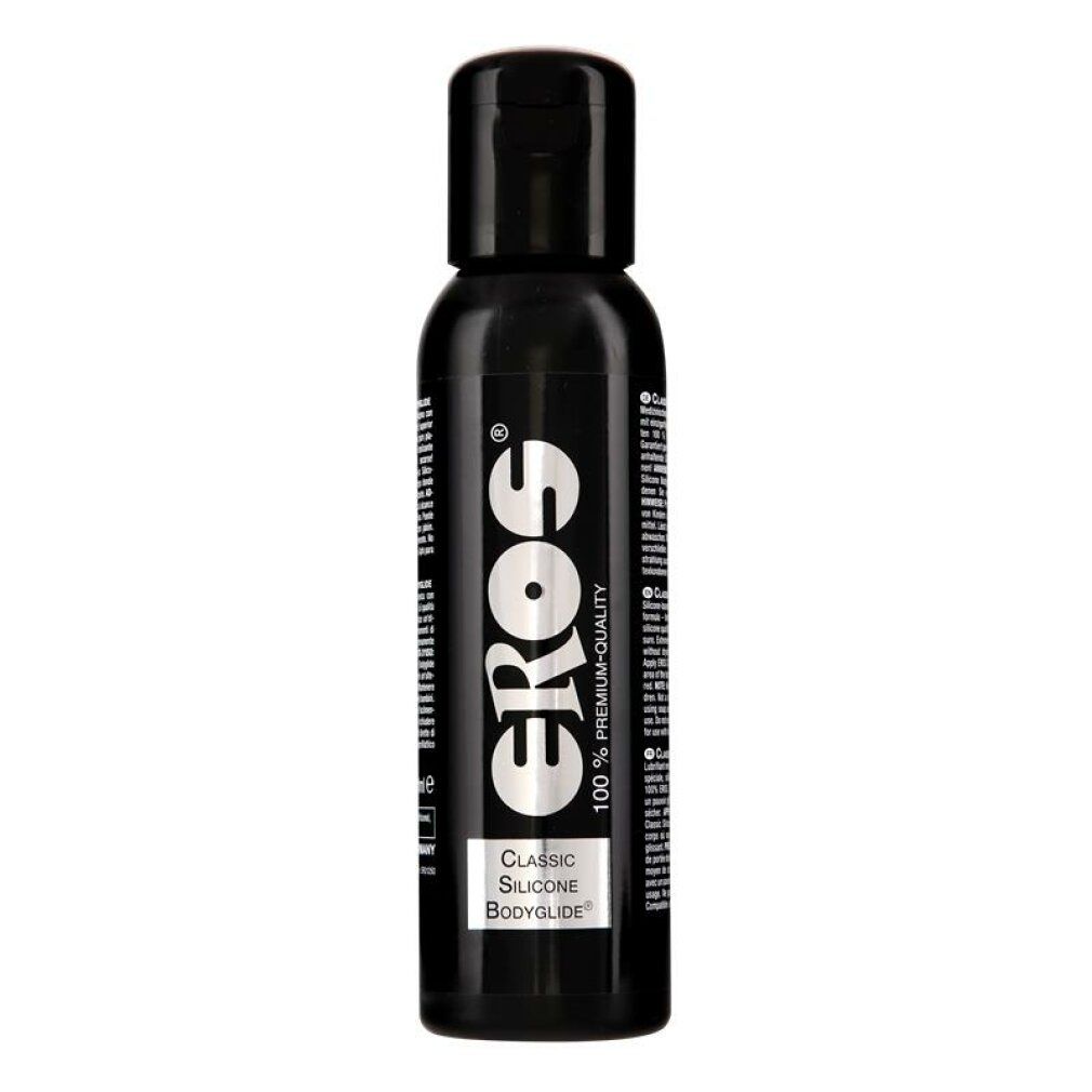 Schwarze Flasche mit schwarzem Deckel. Aufschrift "eros" und "CLASSIC SILICONE Bodyglide".