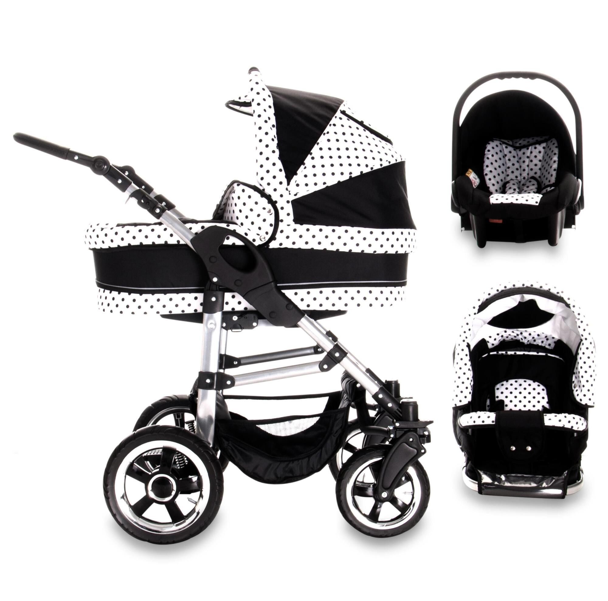 Kinderwagen mit schwarz-weißem Polka-Dot-Muster. Enthält Babywanne und Babyschale. Luftreifen und silberfarbenes Gestell.