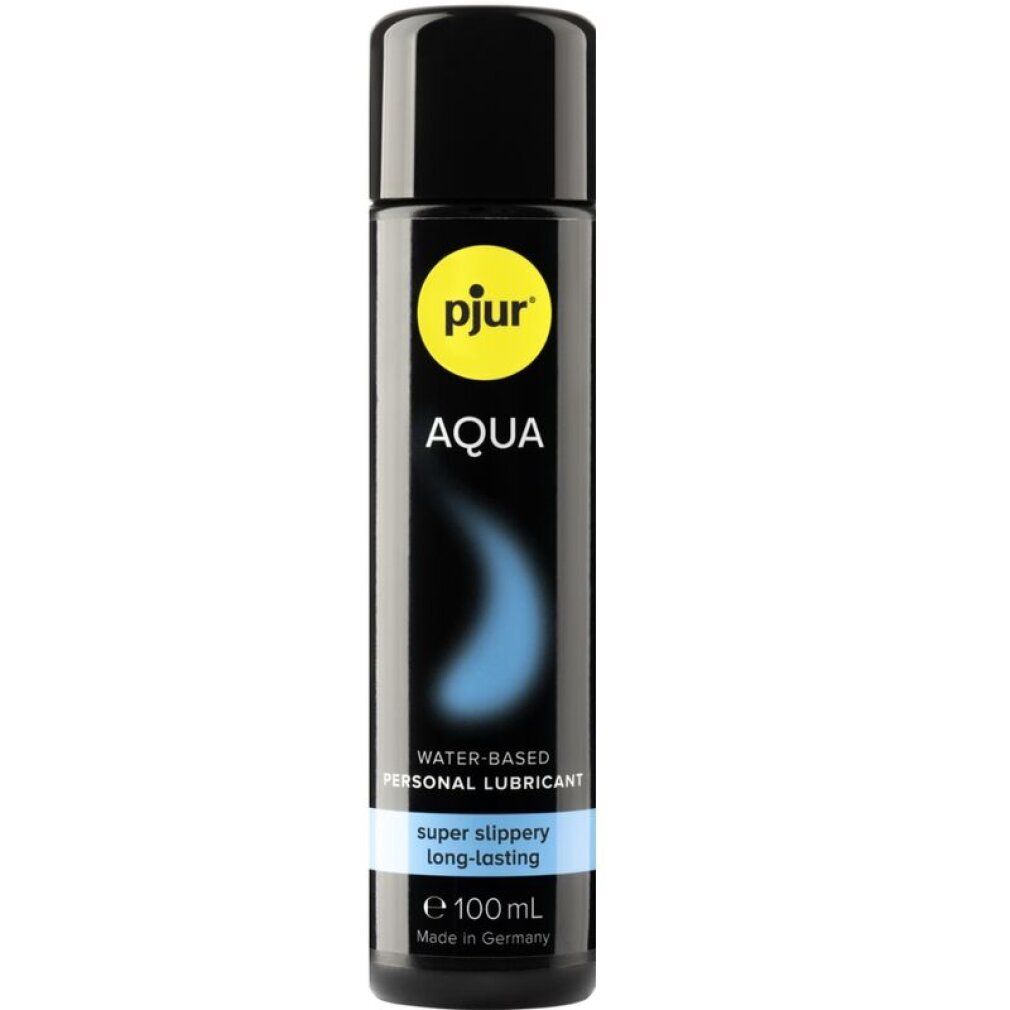 Schwarze Flasche mit blauem Streifen und blauer Grafik. Aufschrift: pjur AQUA. Text: water-based personal lubricant, super slippery long lasting.