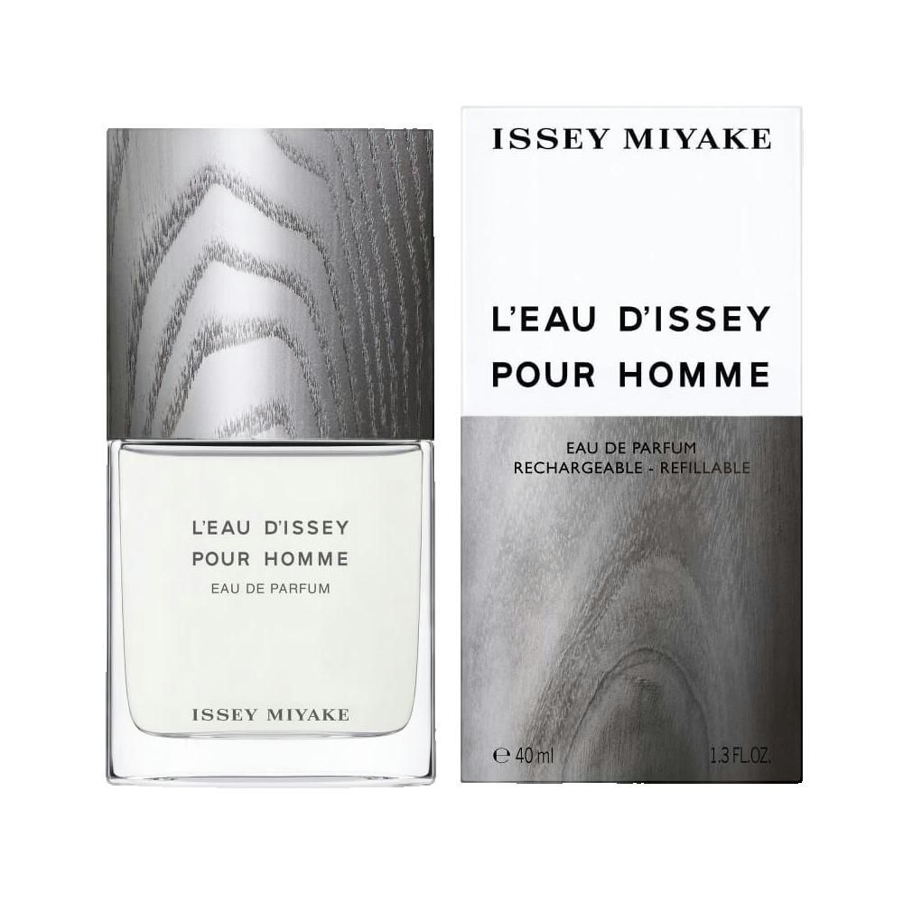 Flakon und Verpackung. Aufschrift: L'EAU D'ISSEY POUR HOMME, Eau de Parfum, ISSEY MIYAKE. 40ml.