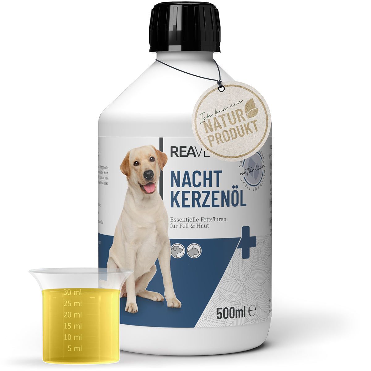 Weiße Flasche mit schwarzem Deckel und Etikett. Aufschrift: Nachtkerzenöl. Ein Messbecher mit gelber Flüssigkeit steht daneben. Naturprodukt-Siegel.