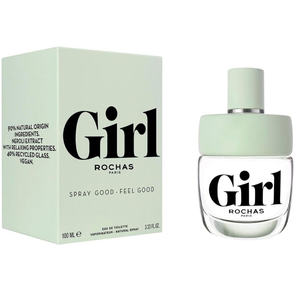 Girl Eau de Toilette Spray und Verpackung. Hellgrüne Flasche und Box mit schwarzem Schriftzug. "Girl" und "Rochas" sind sichtbar.