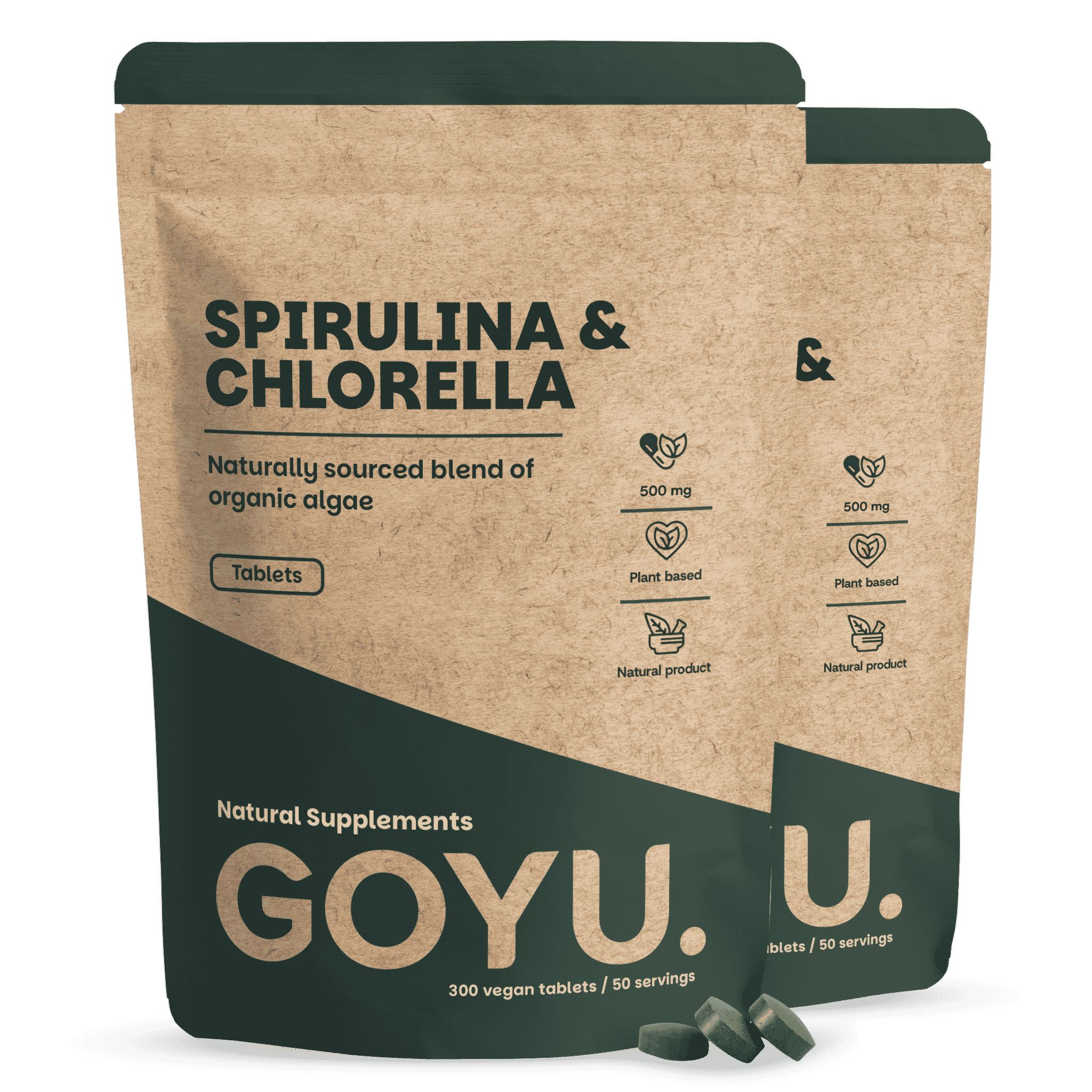 Zwei Packungen GOYU Spirulina & Chlorella Tabletten. Natürliche Algenmischung, 300 vegane Tabletten pro Packung.