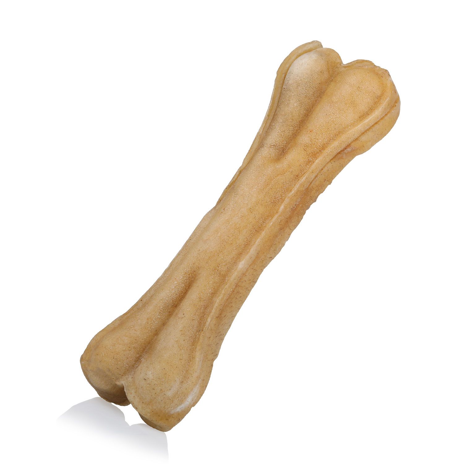 Büffelhautknochen. Beige, knochenförmig. Zwei verdickte Enden, längliche Form. Auf weißem Hintergrund.