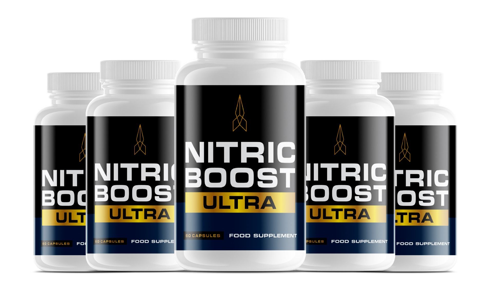 Fünf weiße Flaschen mit schwarzen Etiketten. Aufschrift: Nitric Boost Ultra. 60 Kapseln. Nahrungsergänzungsmittel.