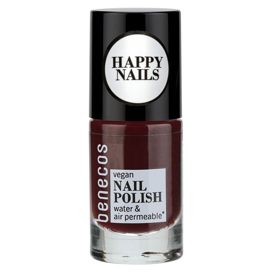 Benecos Nagellack in dunklem Rot, vegan, wasser- und luftdurchlässig.