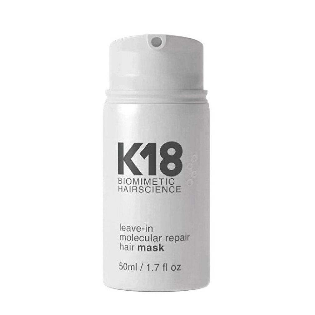 Weiße Flasche mit K18-Logo und Text. Enthält: Leave-in Molecular Repair Hair Mask. Volumen: 50ml / 1.7 fl oz.