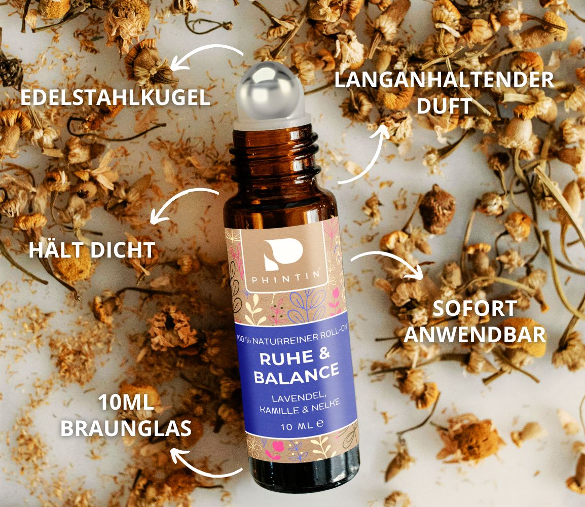 PHINTIN Roll-On Ruhe & Balance naturrein –ätherische Öle Lavendel, Kamille & Nelkenöl