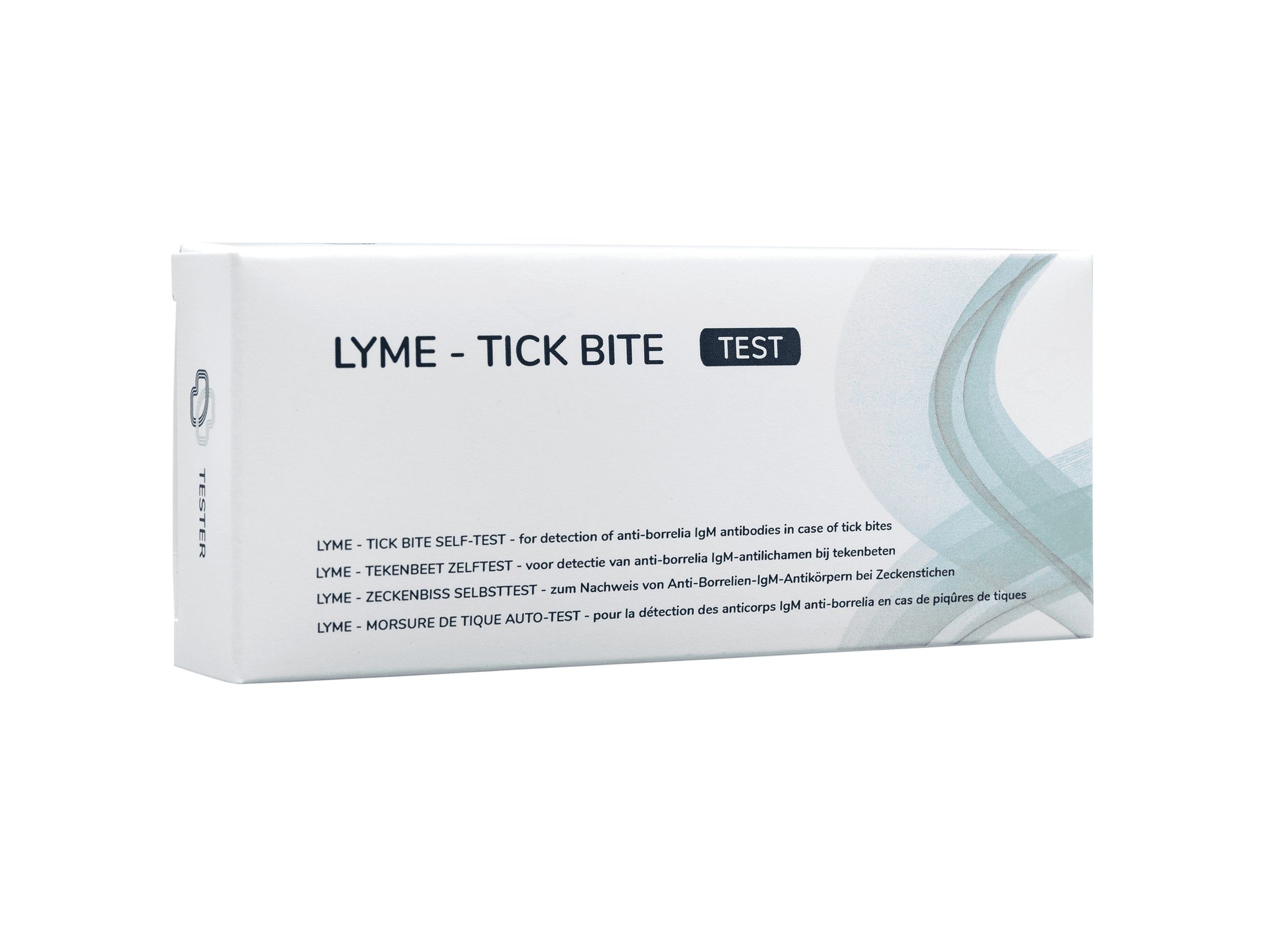 Verpackung des Borreliose-Tests mit mehrsprachigen Informationen zur Erkennung von Antikörpern nach Zeckenstich.