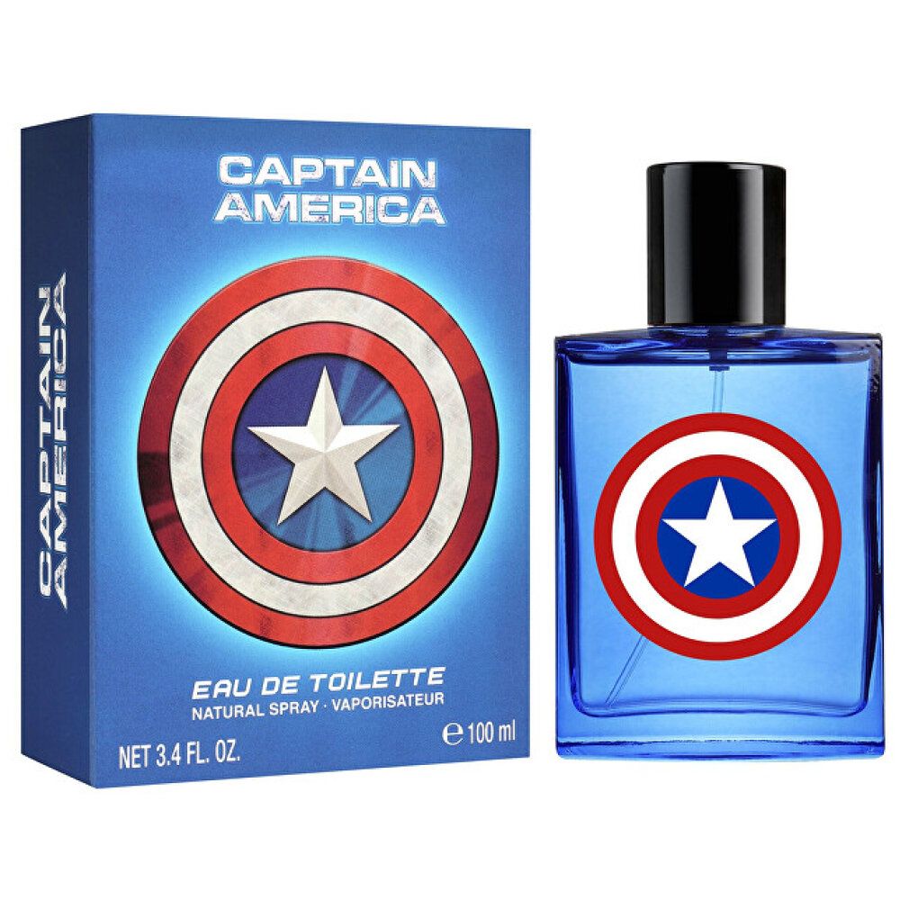 Blauer Flakon und Schachtel. Schild-Design mit Stern. Aufschrift: Captain America, Marvel, Eau de Toilette.