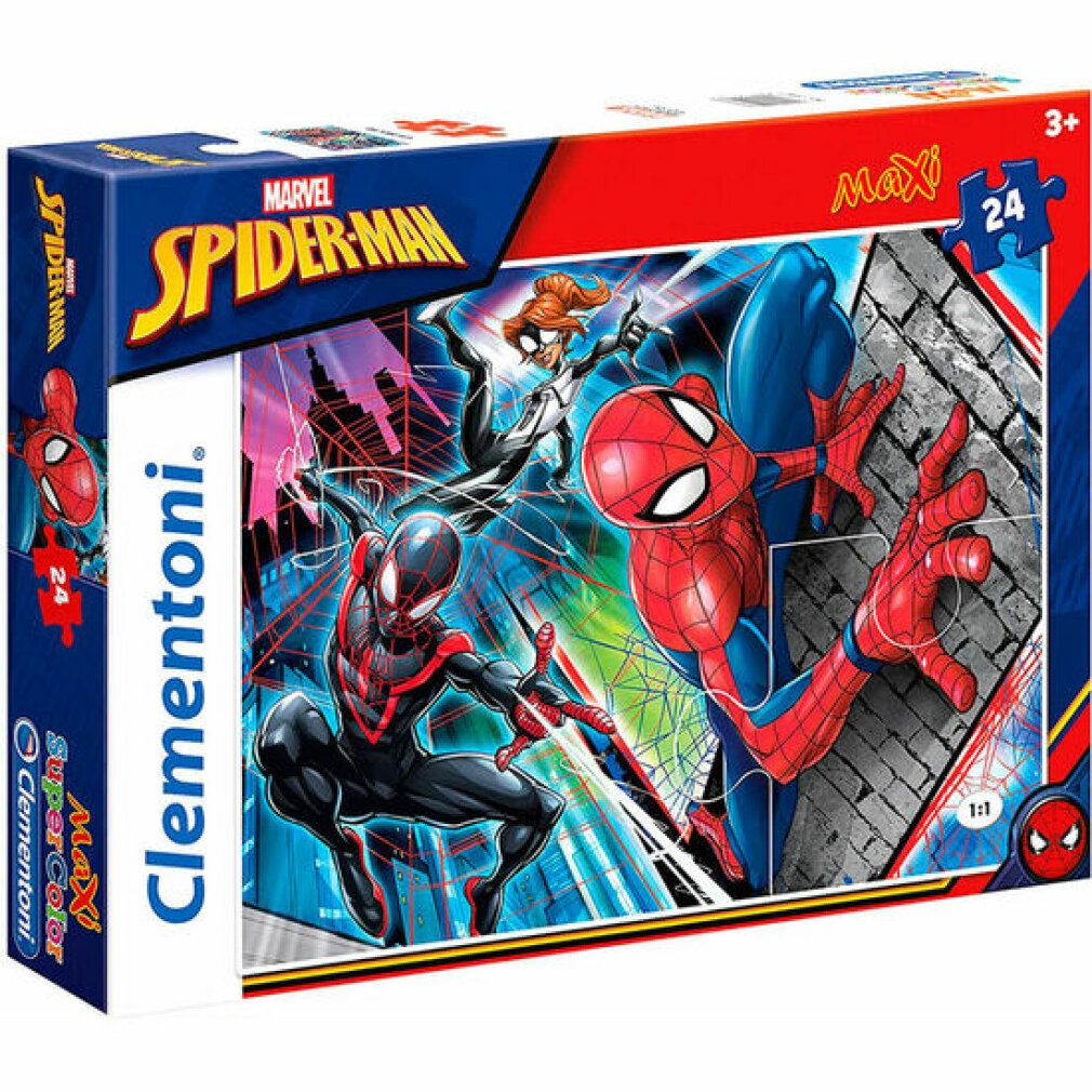 Marvel Spiderman Maxi-Puzzle 24 Teile. Verpackung mit Spiderman-Illustrationen. Clementoni-Logo.