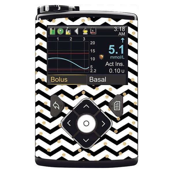 Medizinprodukt mit Display. Schwarz-weißes Zickzackmuster mit goldenen Punkten. Zeigt Messwerte und Uhrzeit an.