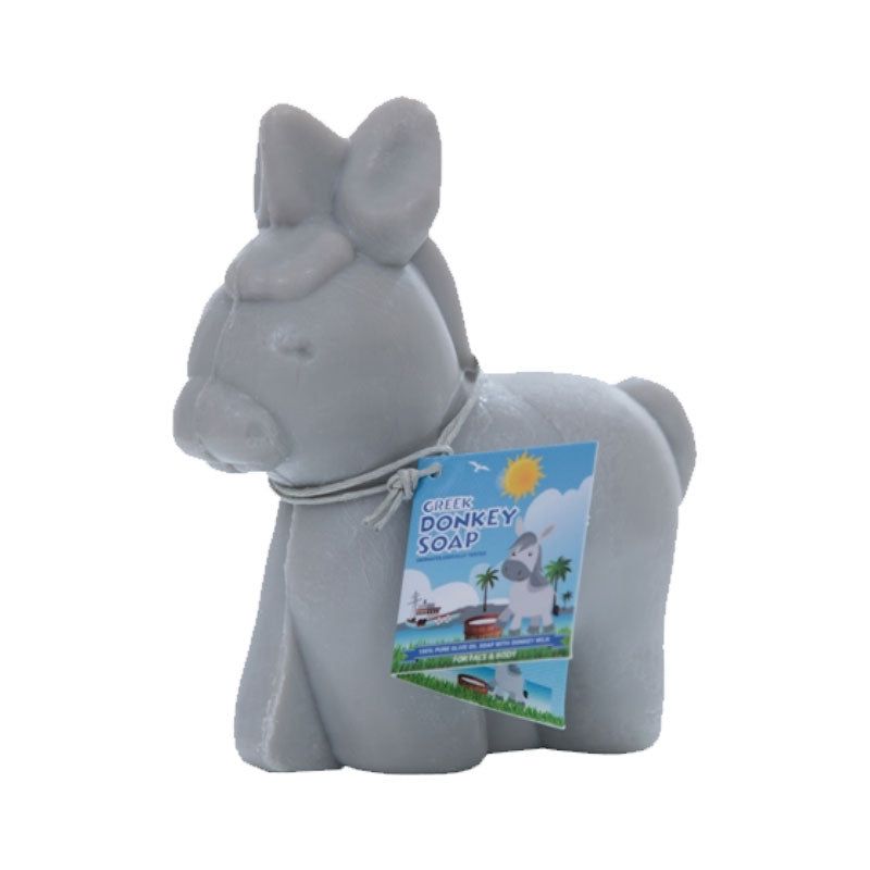 Graue Seife in Eselform. Mit Etikett "Cheeky Donkey Soap".