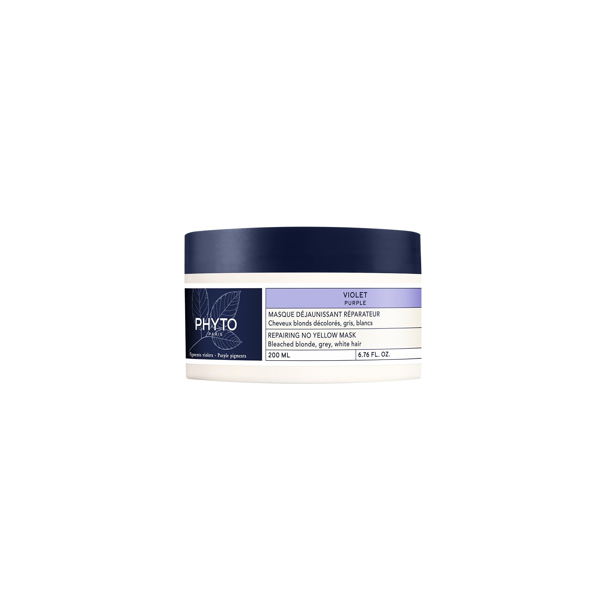 Violette Maske. Dose mit Deckel. Aufschrift PHYTO PARIS. Text: Masque Déjaunissant Réparateur. 200 ml.