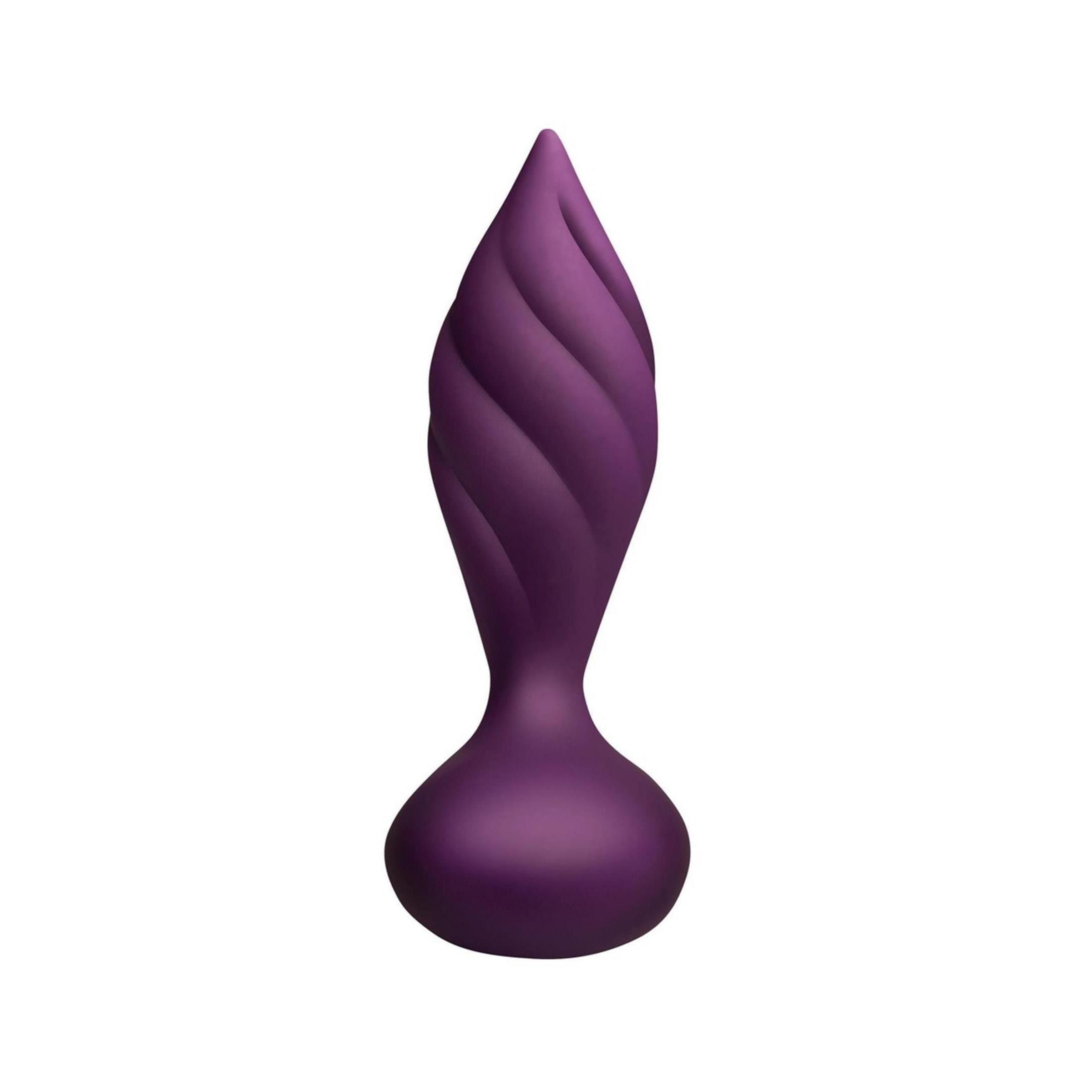 Lila Vibrator mit spiralförmiger Textur. Der Vibrator hat eine tropfenförmige Basis und eine spitze Spitze.