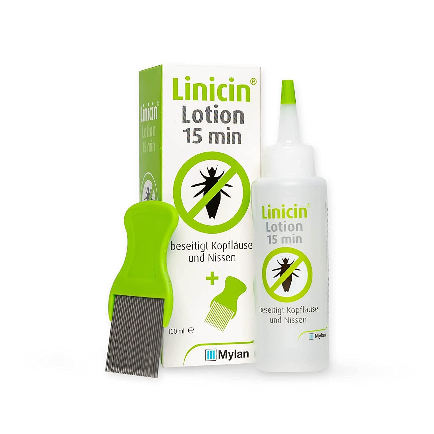 Linicin Lotion und Läusekamm. Weiße Flasche, grüne Kamm, grüne Verpackung. Text: beseitigt Kopfläuse und Nissen.