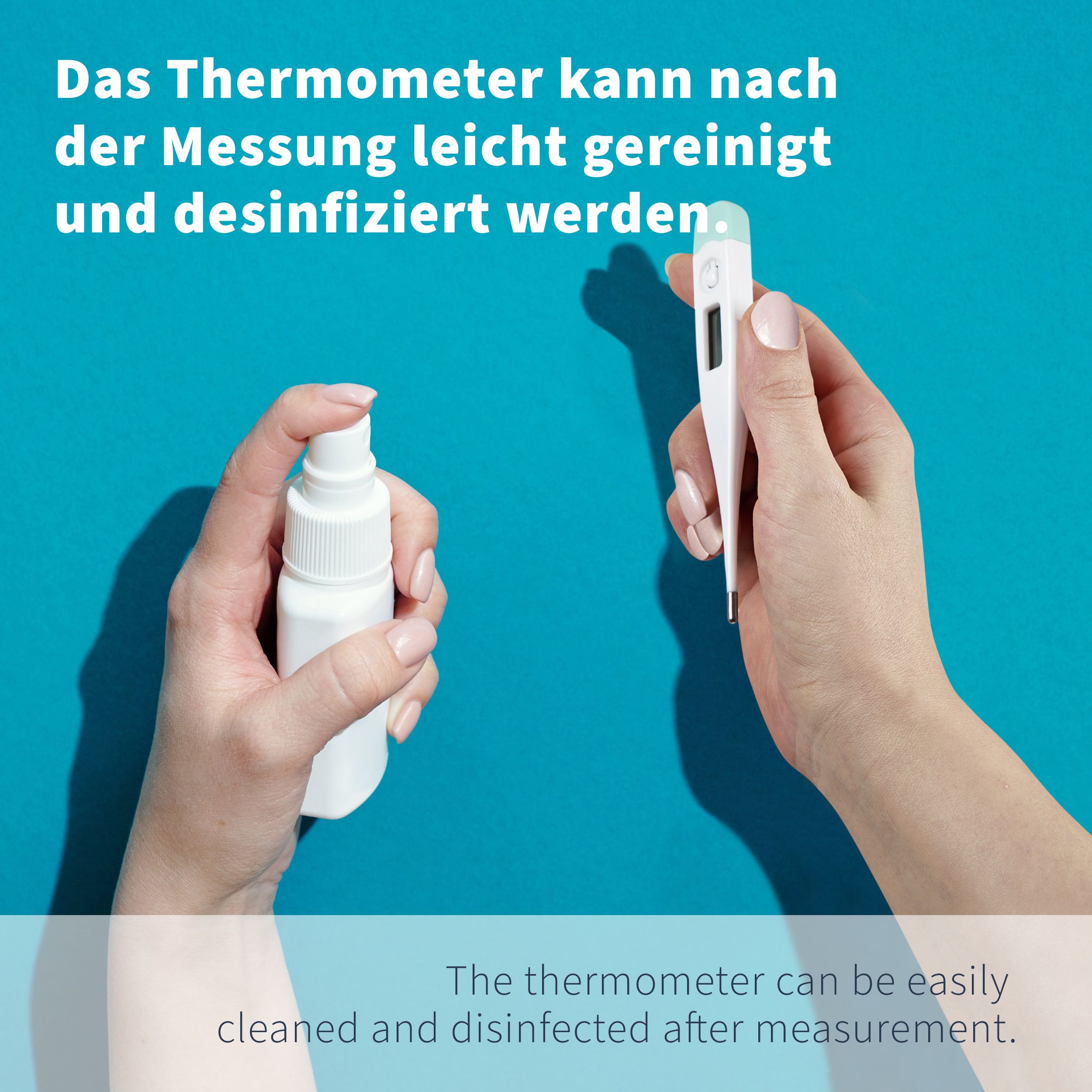 Reinigung und Desinfektion eines digitalen Fieberthermometers nach Gebrauch.