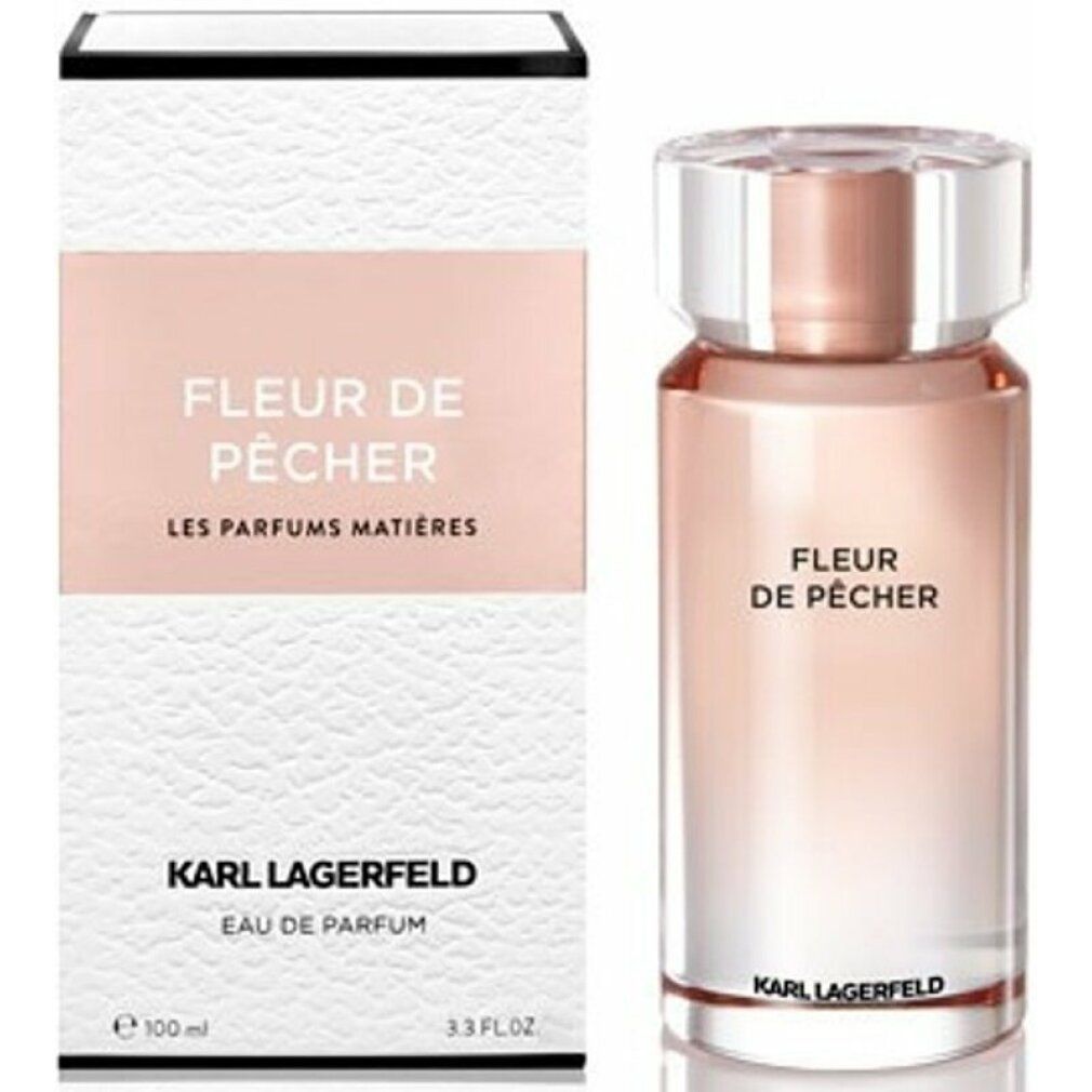 Fleur de Pêcher Eau de Parfum Spray, Flakon und Verpackung. Aufschrift: Karl Lagerfeld, 100 ml, 3.3 FL.OZ.