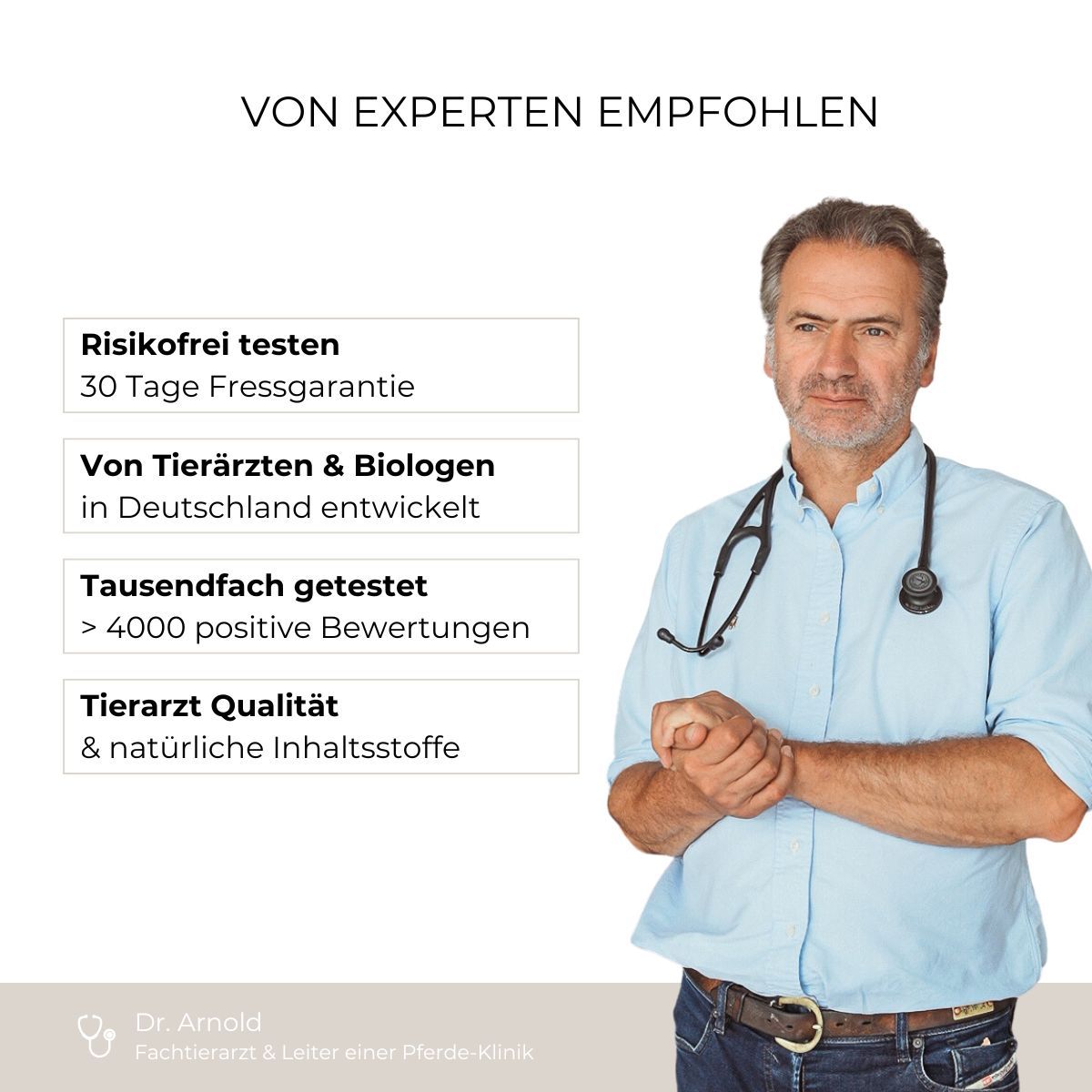 Ein Mann mit Stethoskop. Text: Risikofrei testen, von Tierärzten entwickelt, tausendfach getestet, Tierarzt Qualität.